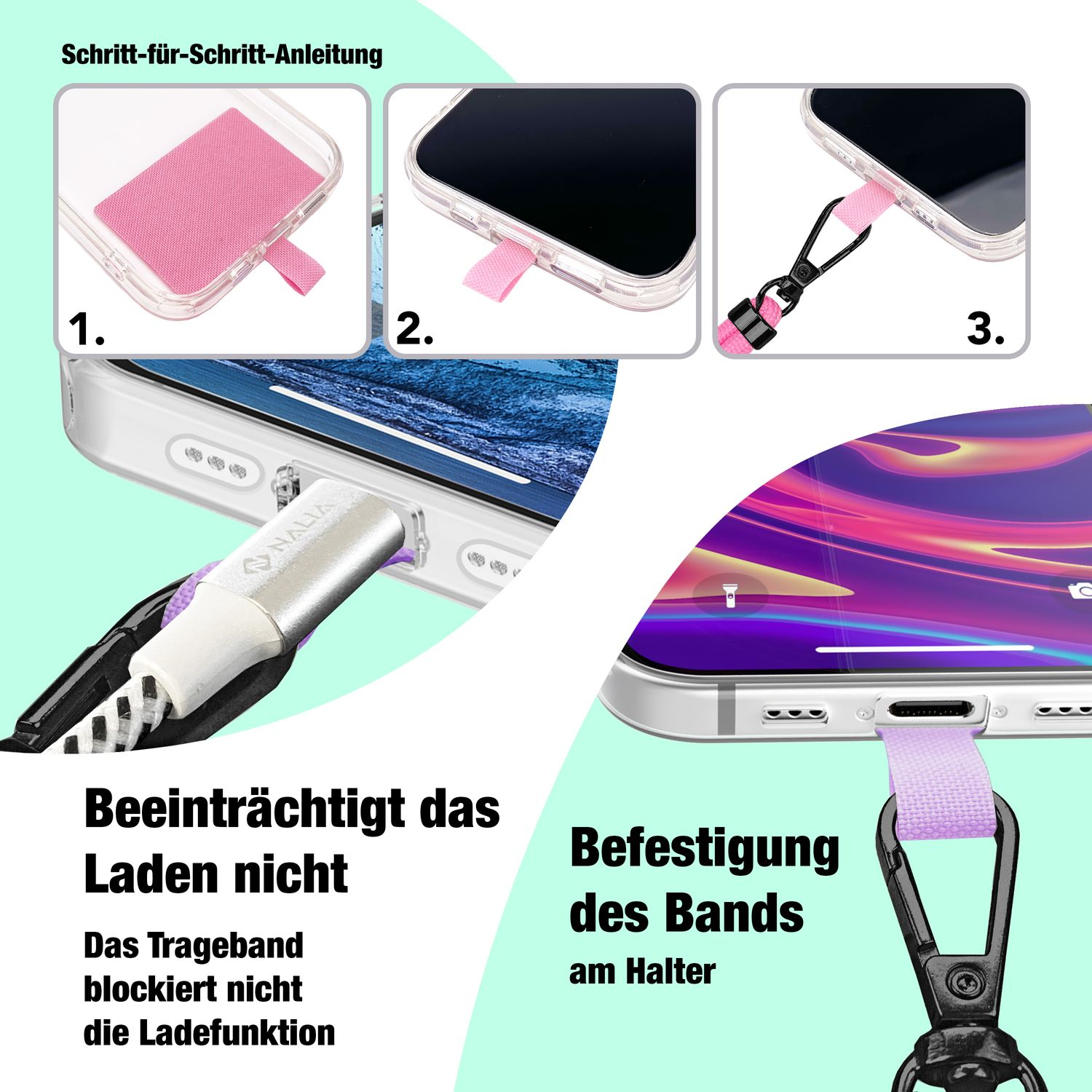 Anleitung zum Anbringen eines Telefonbands an einer Handyhülle, mit deutschem Text.