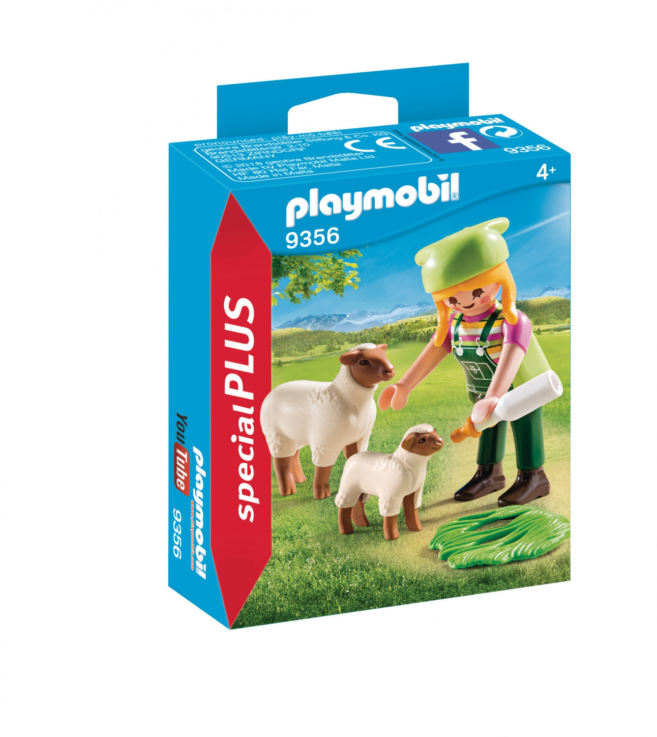 Pudełko Playmobil: postać karmiąca dwie owce i jagnię. Pudełko jest niebieskie i czerwone.