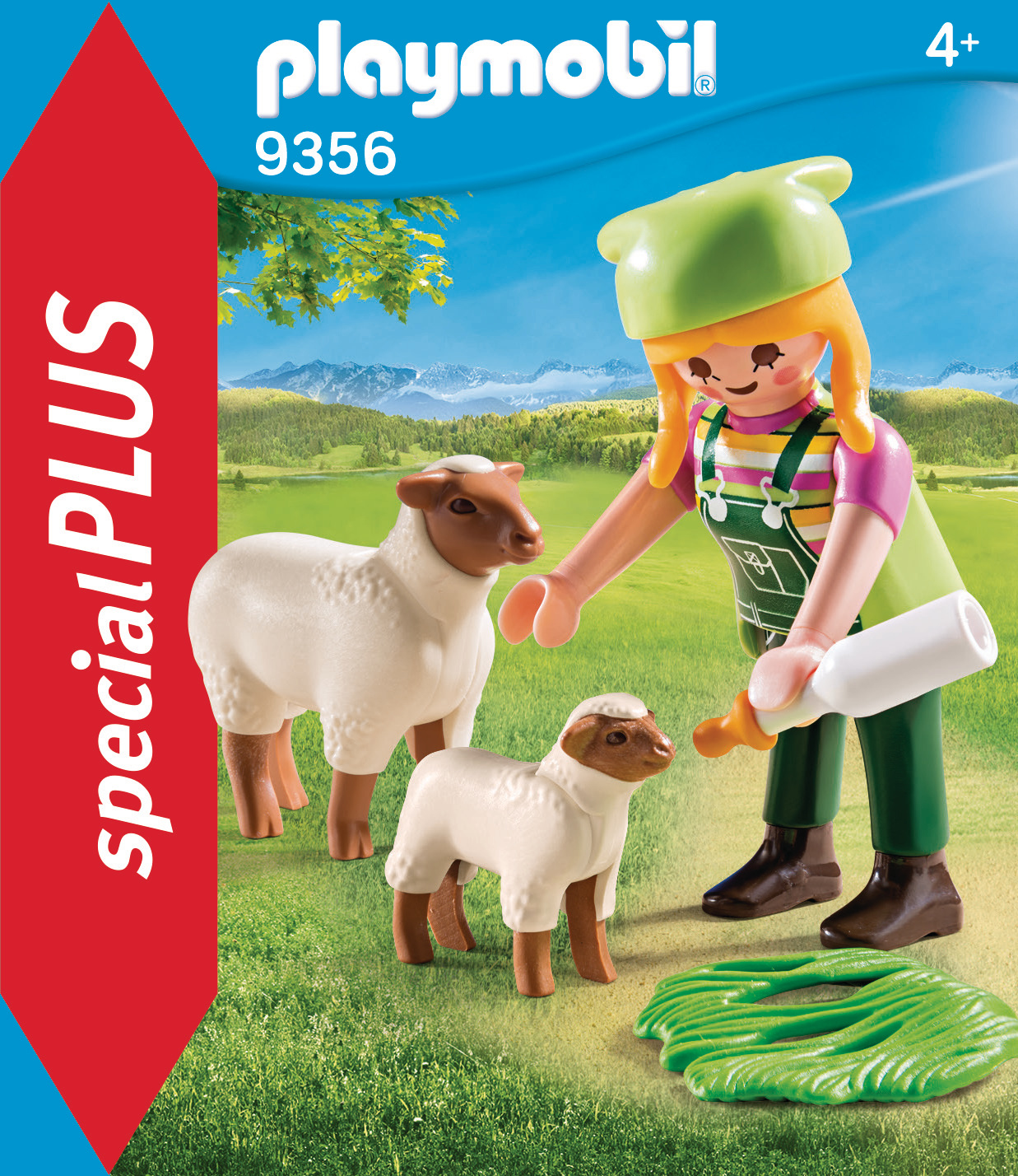 Pudełko Playmobil: postać karmiąca dwie owce i jagnię na zielonej trawie. Pudełko jest niebieskie i czerwone.