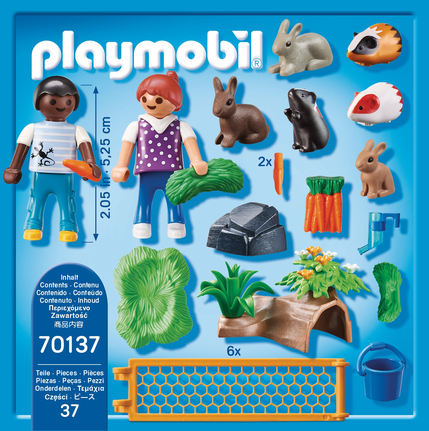 Scatola Playmobil: una scatola con animali giocattolo, personaggi e accessori. Vari colori presenti.