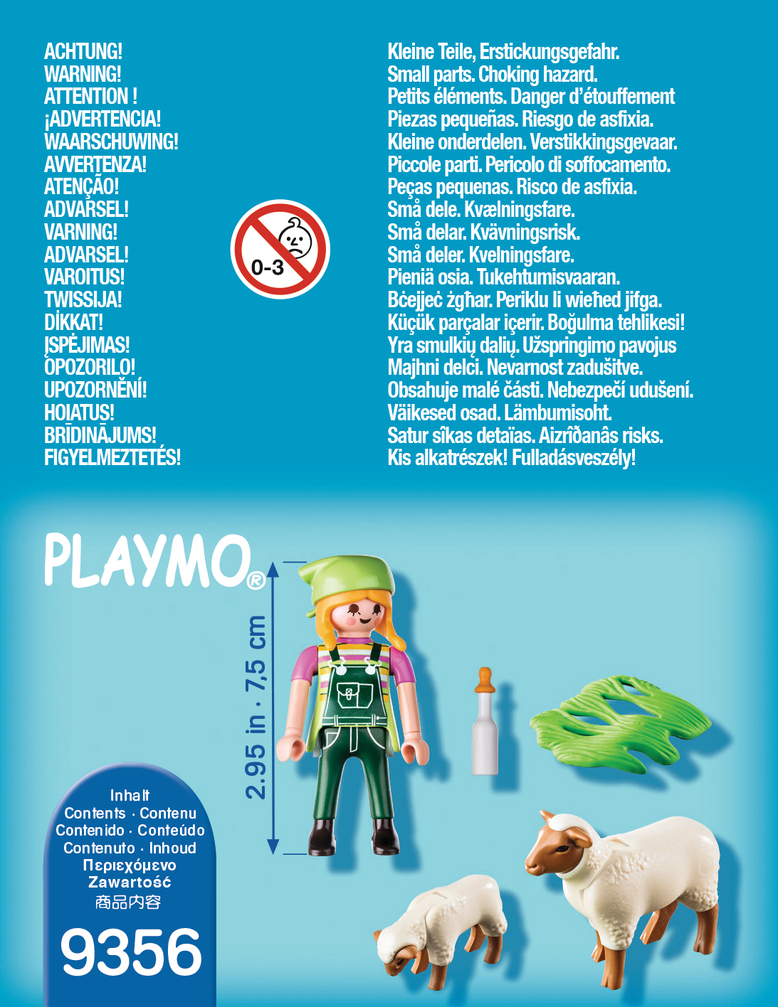 Pudełko zestawu Playmobil. Kobieta z dwiema owcami i zieloną podstawą. Na pudełku znajdują się etykiety ostrzegawcze.