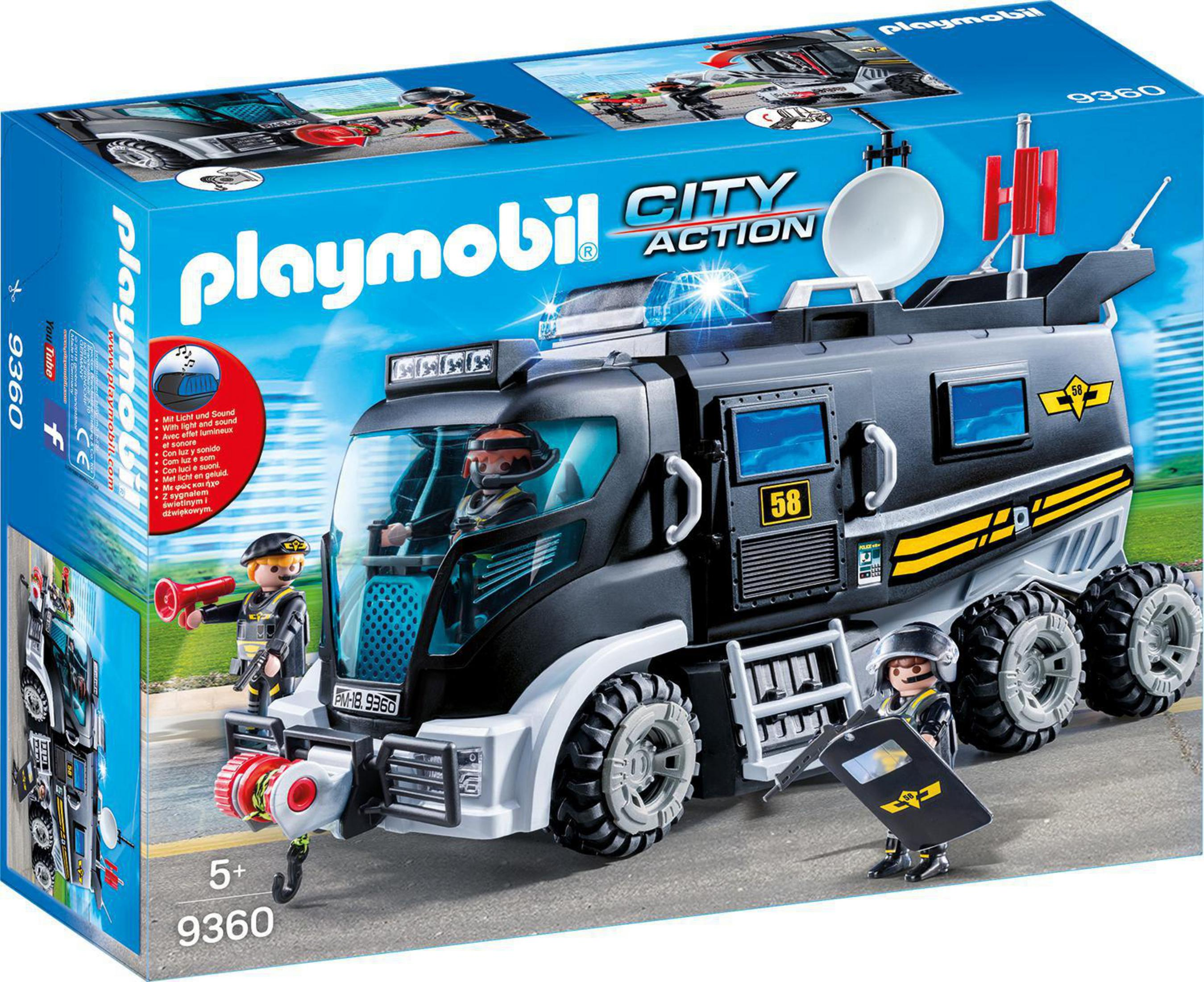 Pudełko Playmobil City Action przedstawia ciężarówkę policyjną z figurkami. Pudełko jest niebieskie i białe.
