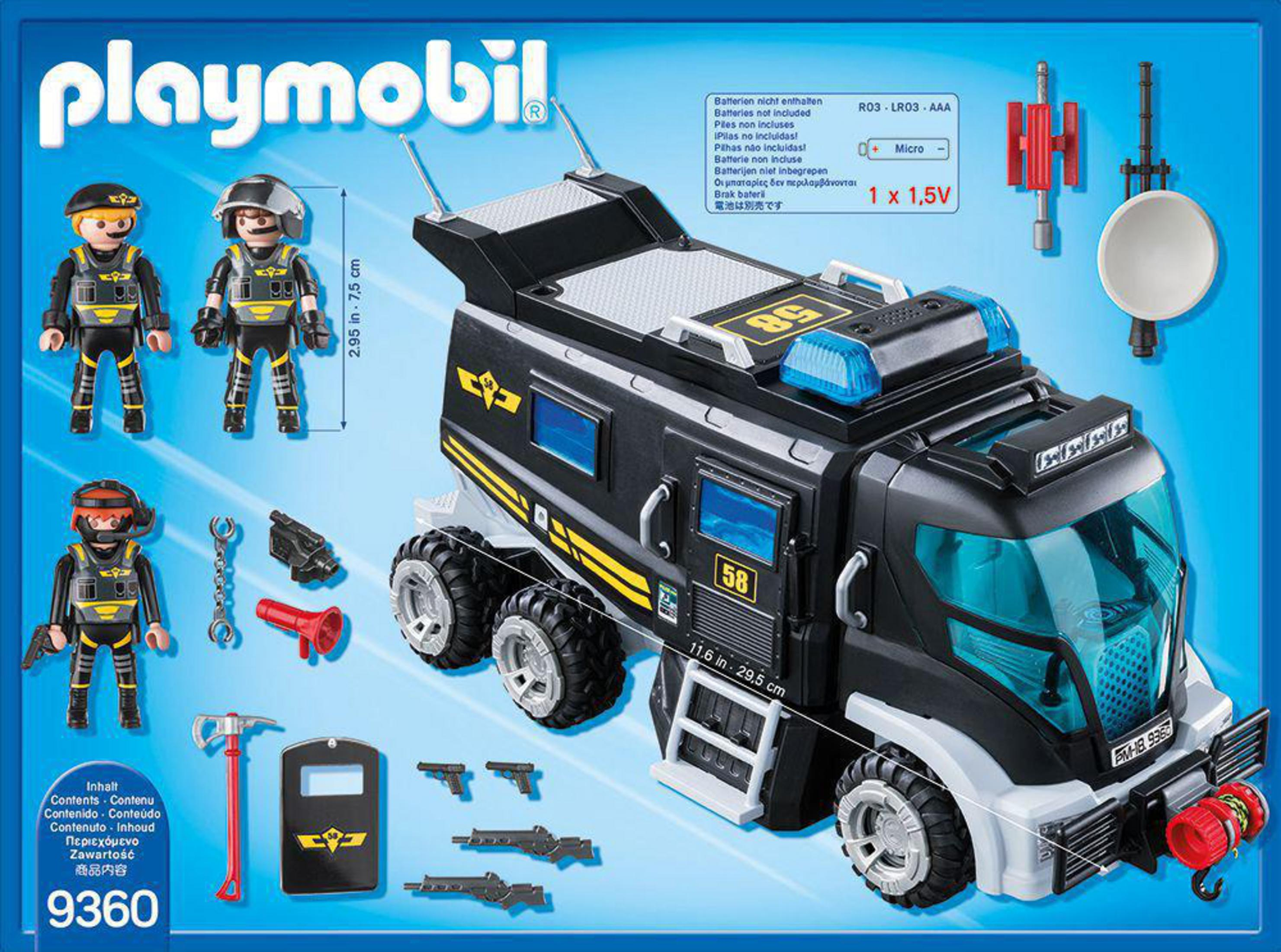 Scena z policji Playmobil z figurkami, pojazdem i akcesoriami. Pudełko pokazuje zawartość.
