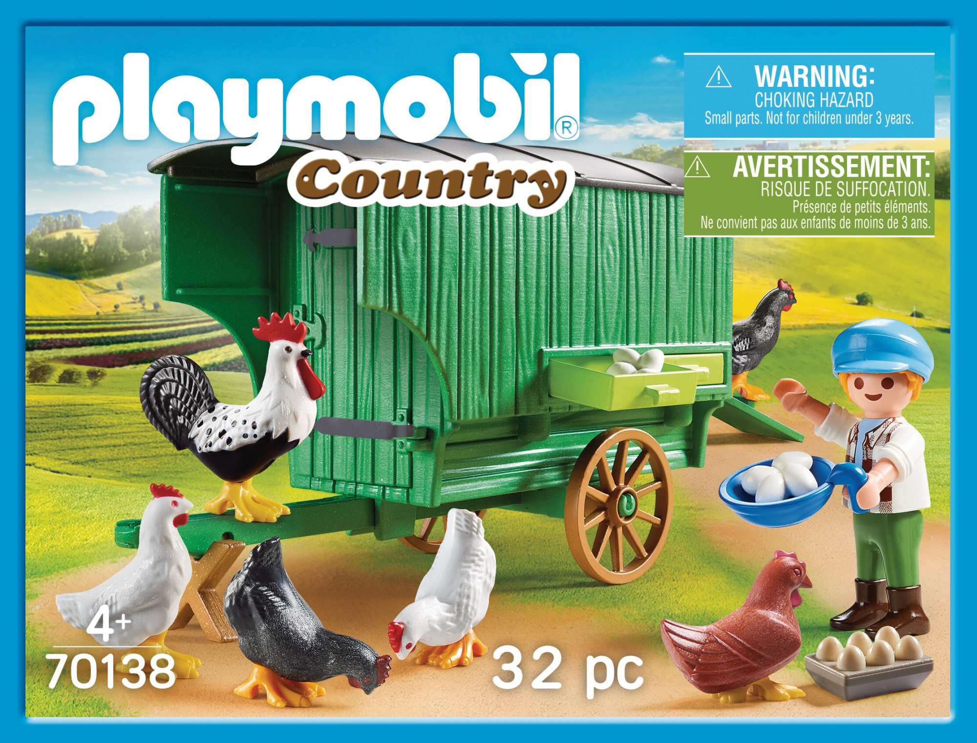 Set di giocattoli Playmobil con un carro verde, personaggi, galline e un gallo, su sfondo blu.