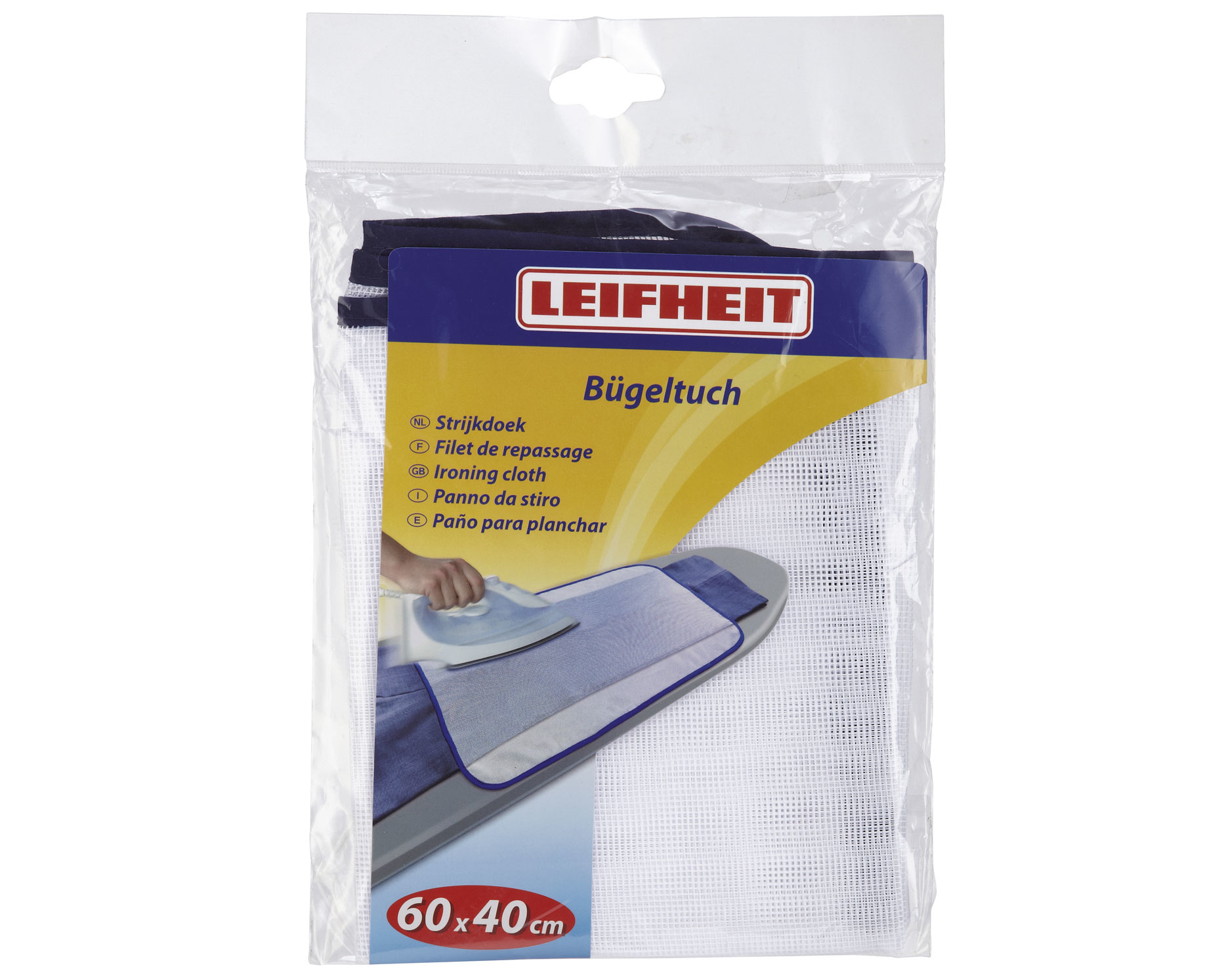 Ściereczka do prasowania w przezroczystym plastikowym opakowaniu, z nazwą marki i informacjami o produkcie.