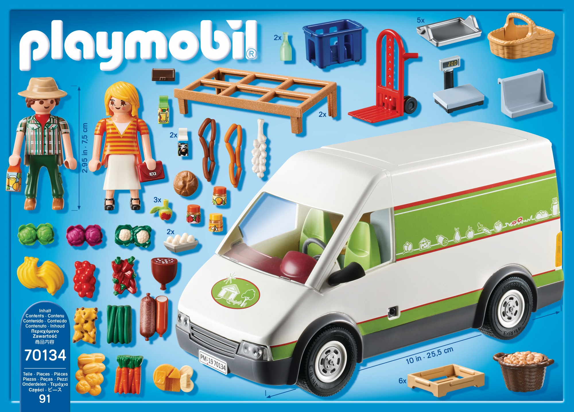 Pudełko z zestawem zabawek Playmobil, z figurkami, artykułami spożywczymi i białym food truckiem.