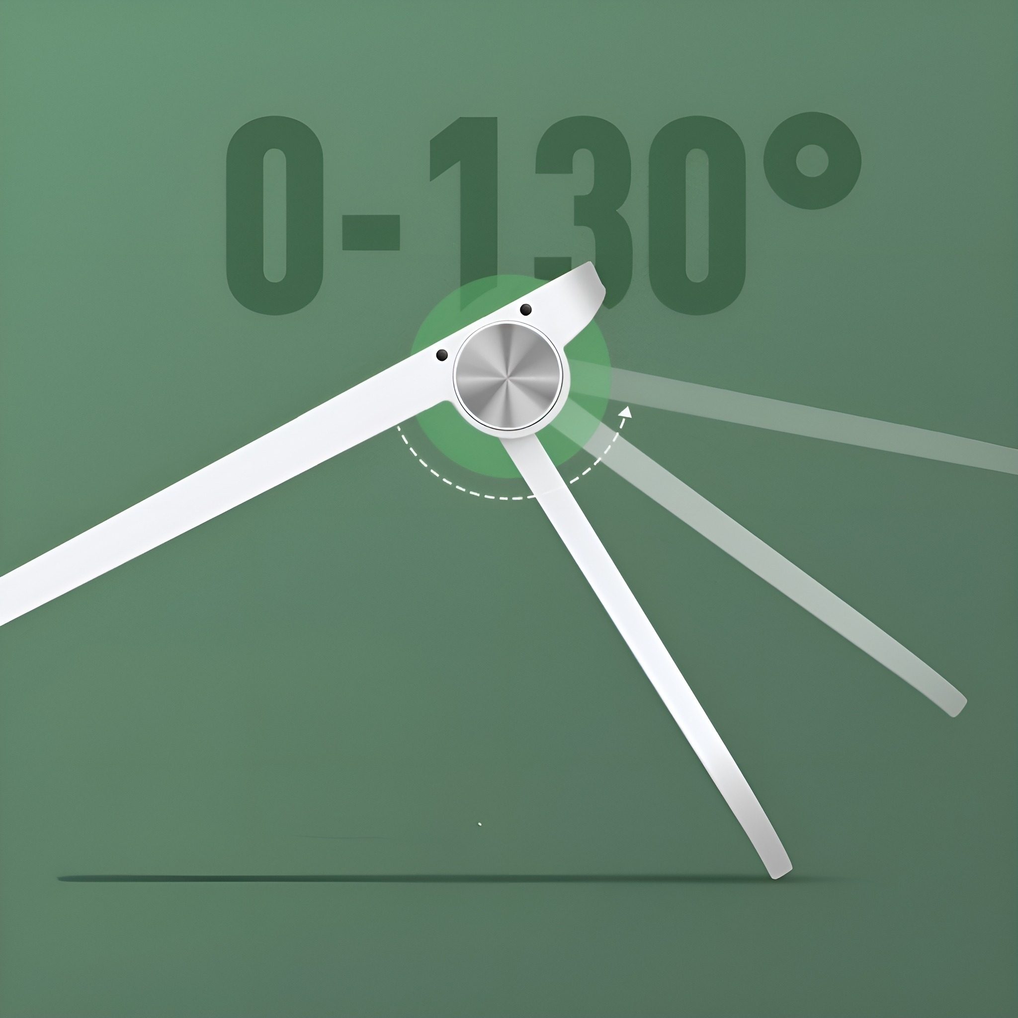 Weiß-silberner Mechanismus auf grünem Hintergrund. Der Mechanismus dreht sich von 0-130 Grad.