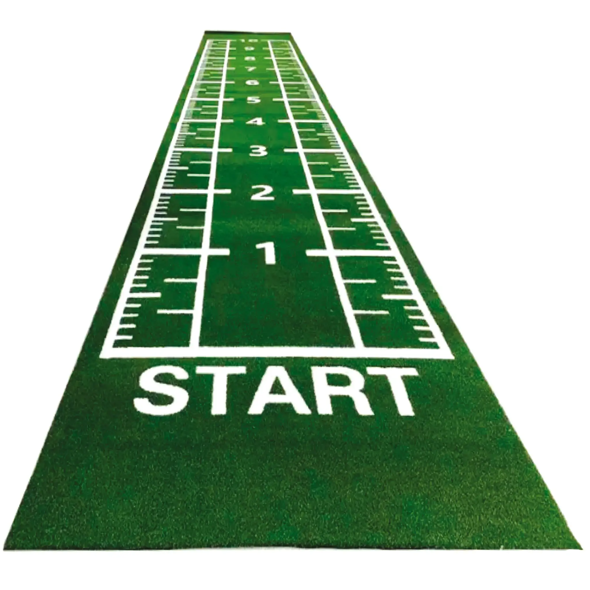 Une pelouse verte avec des lignes et des chiffres blancs. Le mot START est en bas.