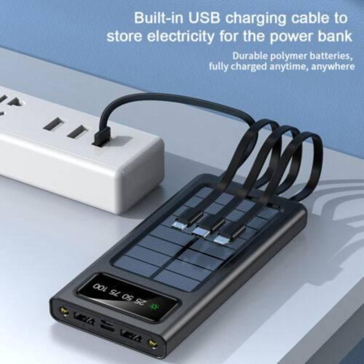 Eine schwarze Powerbank mit Ladekabel und US-Stecker. Es hat ein Display, das den Ladezustand anzeigt.