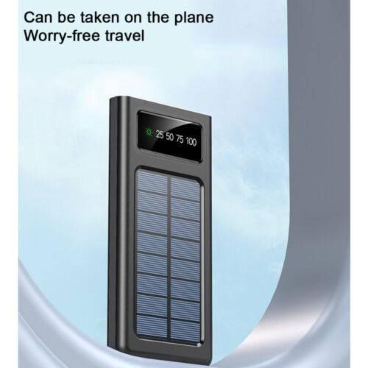 Powerbank mit Solarpanelen und einem Display, mit dem Text '25 50 75 100', der Ladestände anzeigt.