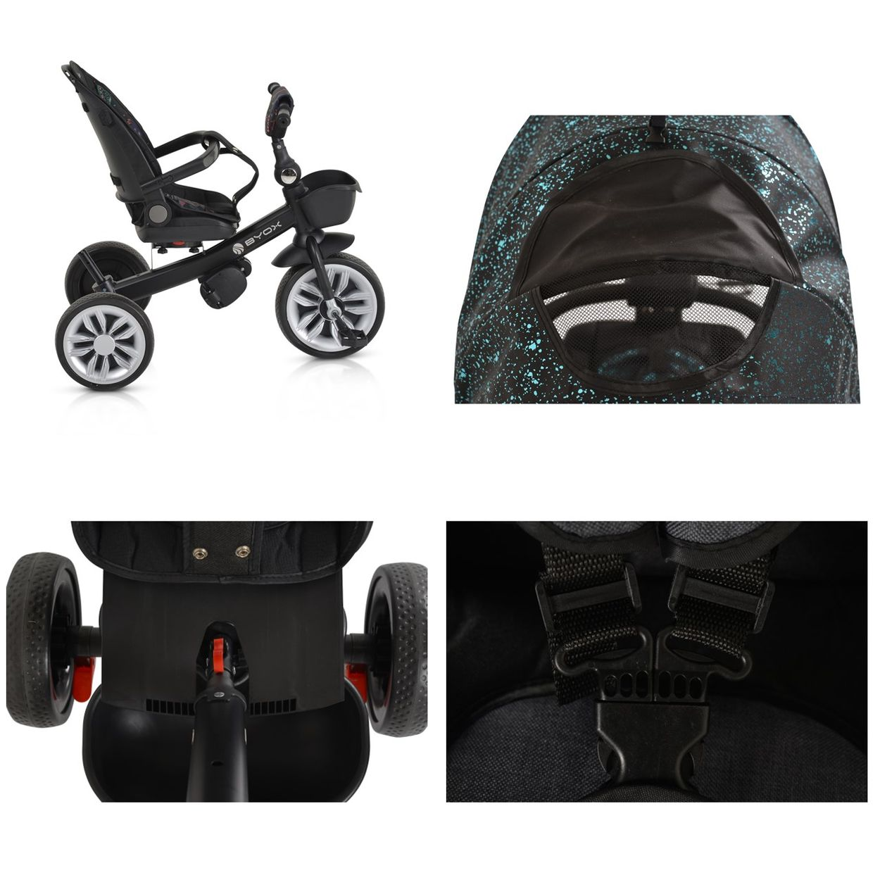 Vier Bilder eines schwarz-grauen Dreirads mit gemustertem Verdeck und Tasche.