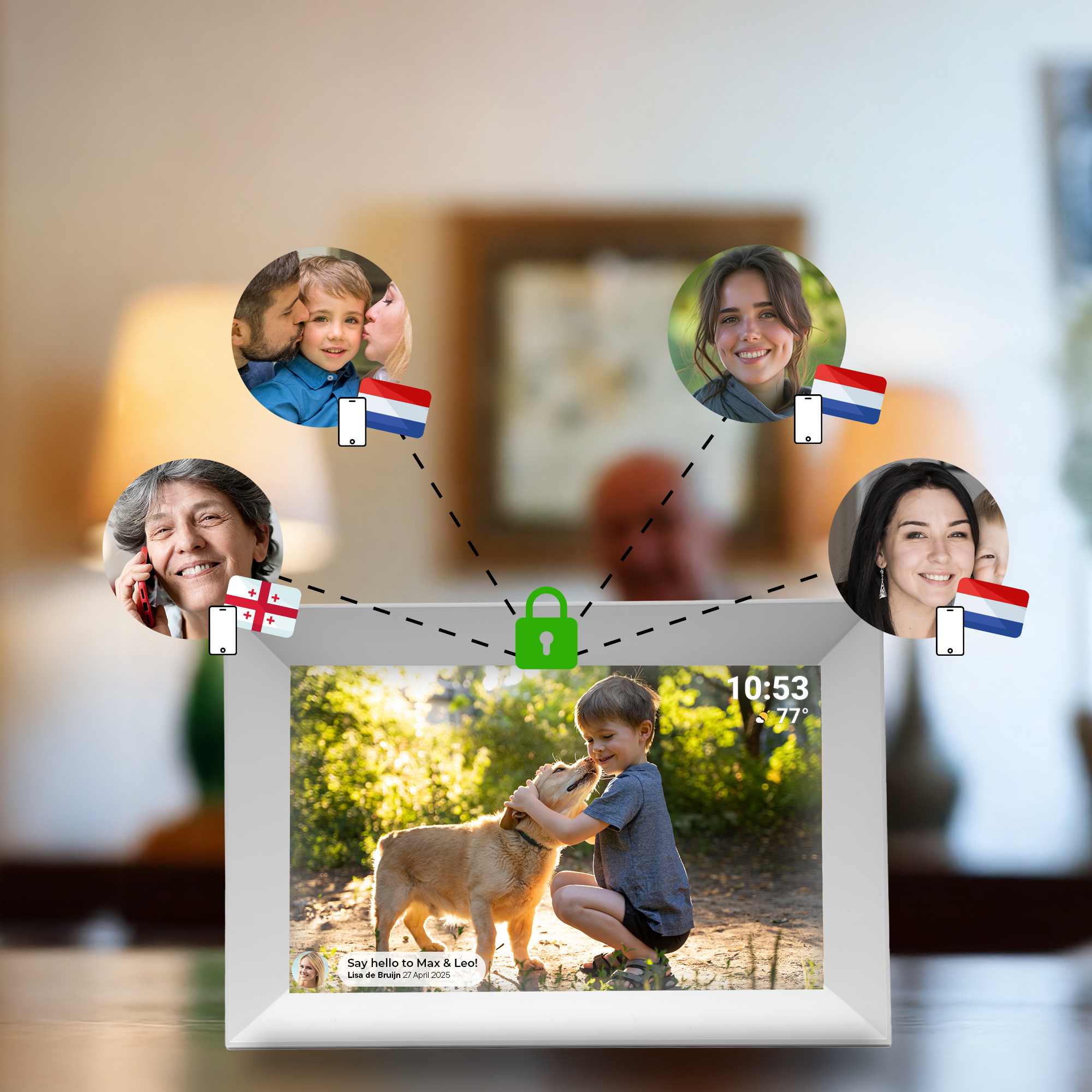 Cadre photo numérique montrant un garçon avec un chien dans un cadre ensoleillé, avec des visages de personnes.