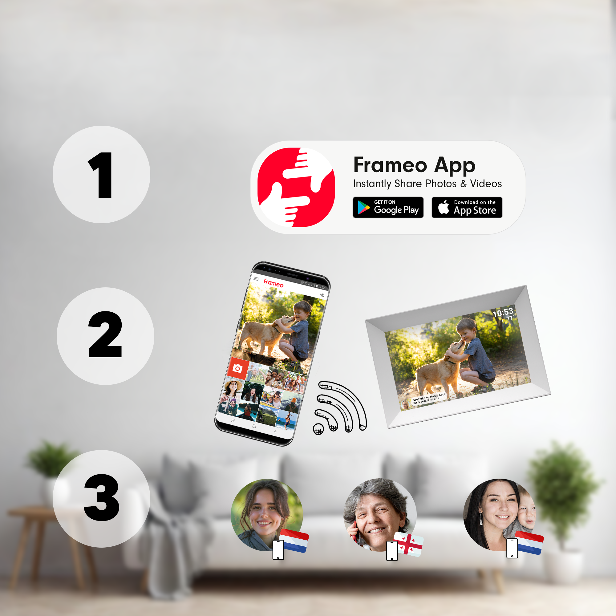 Une publicité pour l'application Frameo. L'application et un cadre photo sont affichés avec des visages de personnes.
