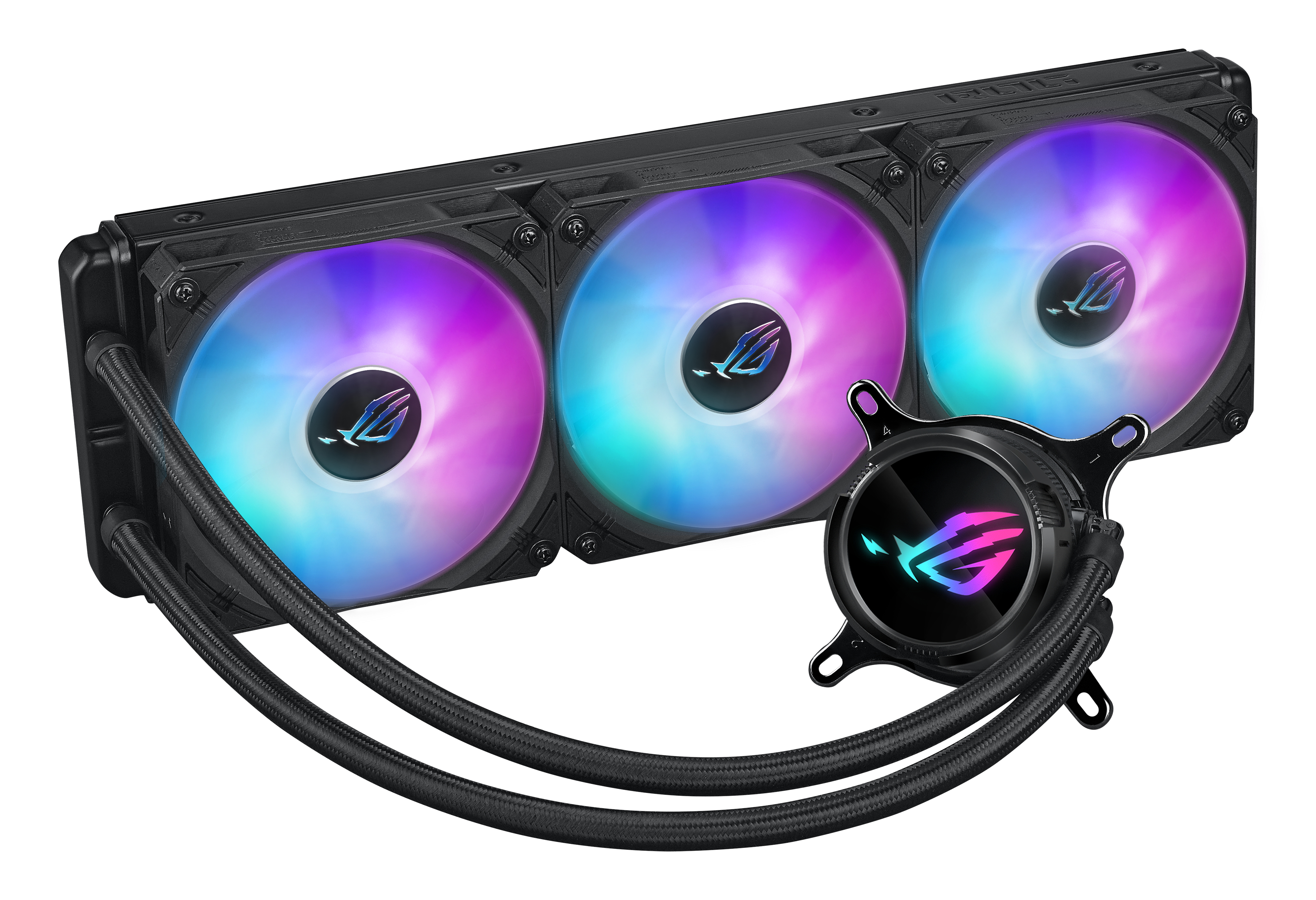 Schwarzes Computer-Kühlsystem mit drei Lüftern. Jeder Lüfter hat RGB-Lichter und ROG-Logo.