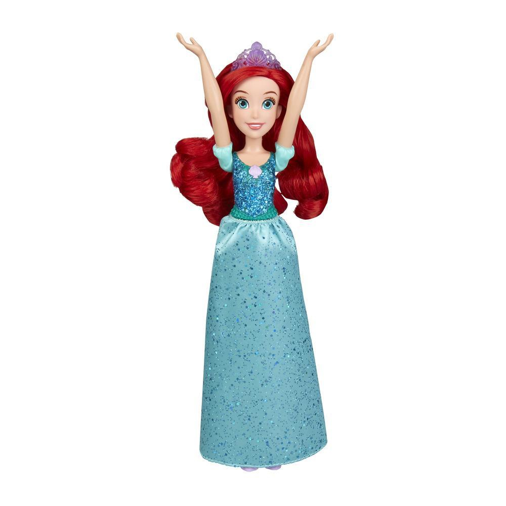 Bambola Ariel con le braccia alzate, capelli rossi e vestito blu.