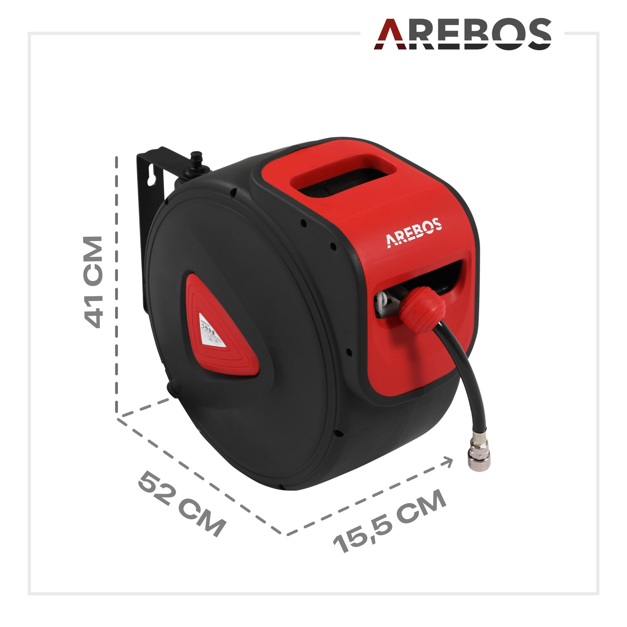 Schwarz-roter AREBOS-Schlauchaufroller, rotes Panel in der Mitte, mit Abmessungen in cm.