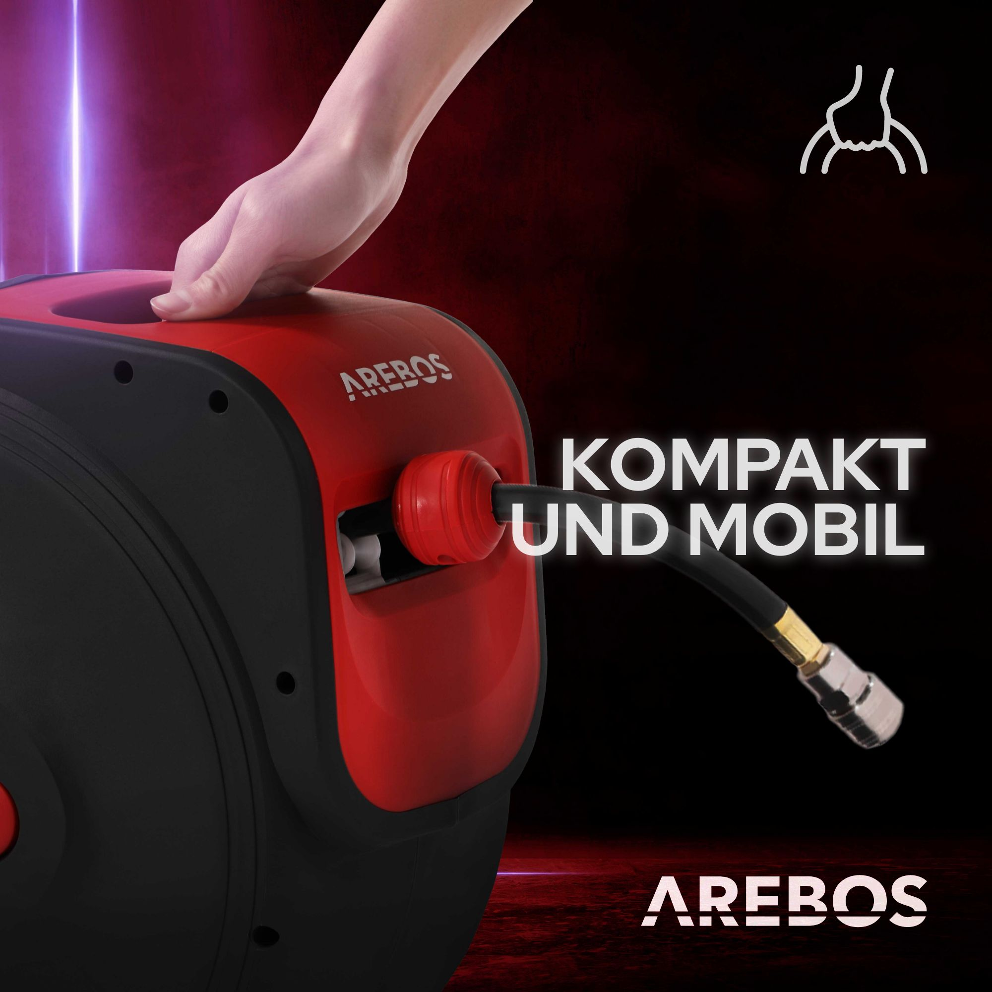 Rote und schwarze Schlauchtrommel mit Schlauch. Hand hält die Trommel. Text: KOMPAKT UND MOBIL.