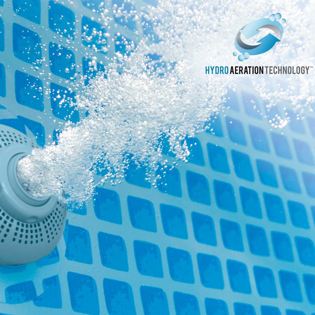 Blaues Poolwasser mit Blasen und Text: Hydro Aeration Technology.