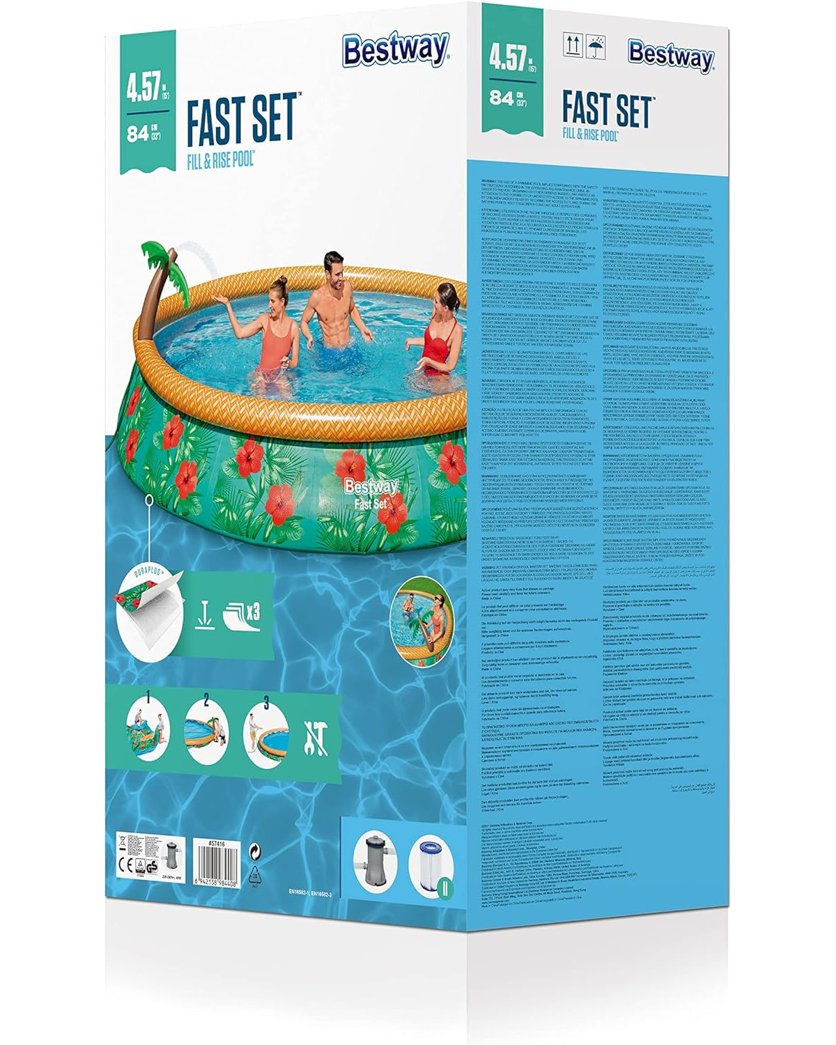 Eine Box zeigt einen Bestway-Pool mit Leuten darin. Der Pool ist grün und hat eine Palme.