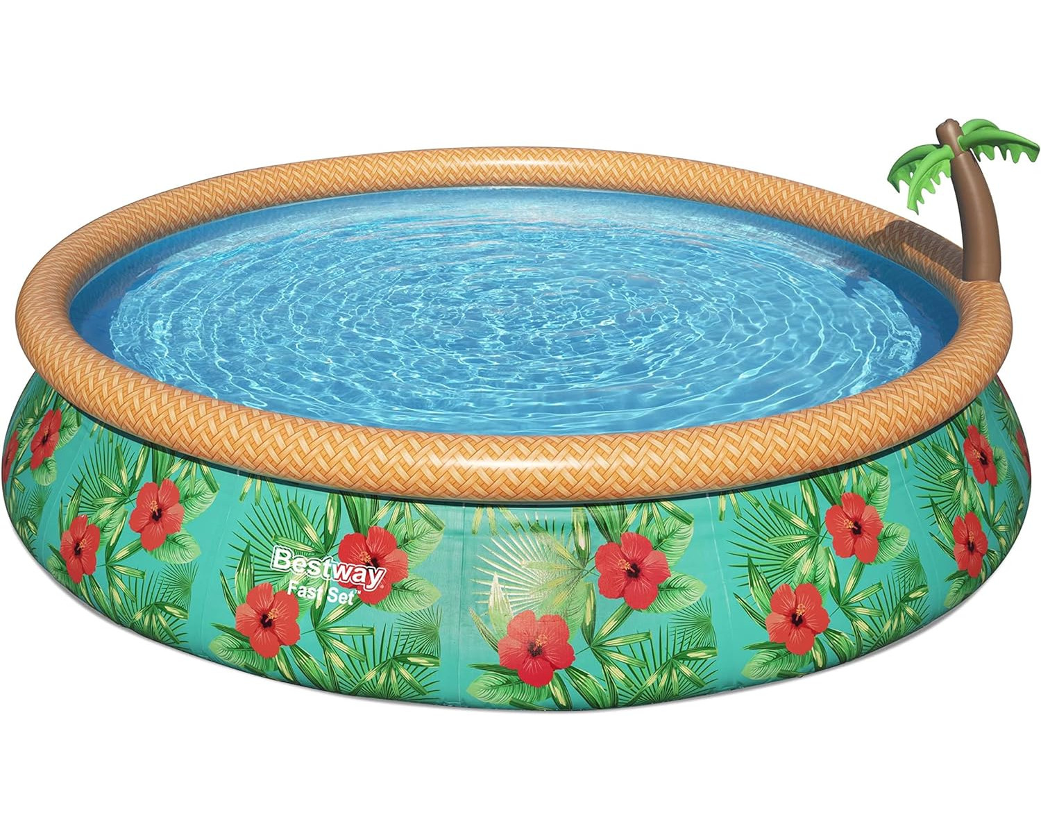 Ein runder Pool mit Wasser, grünem und rotem Blumendesign. Ein Palmenbaum ist an der Seite des Pools befestigt.