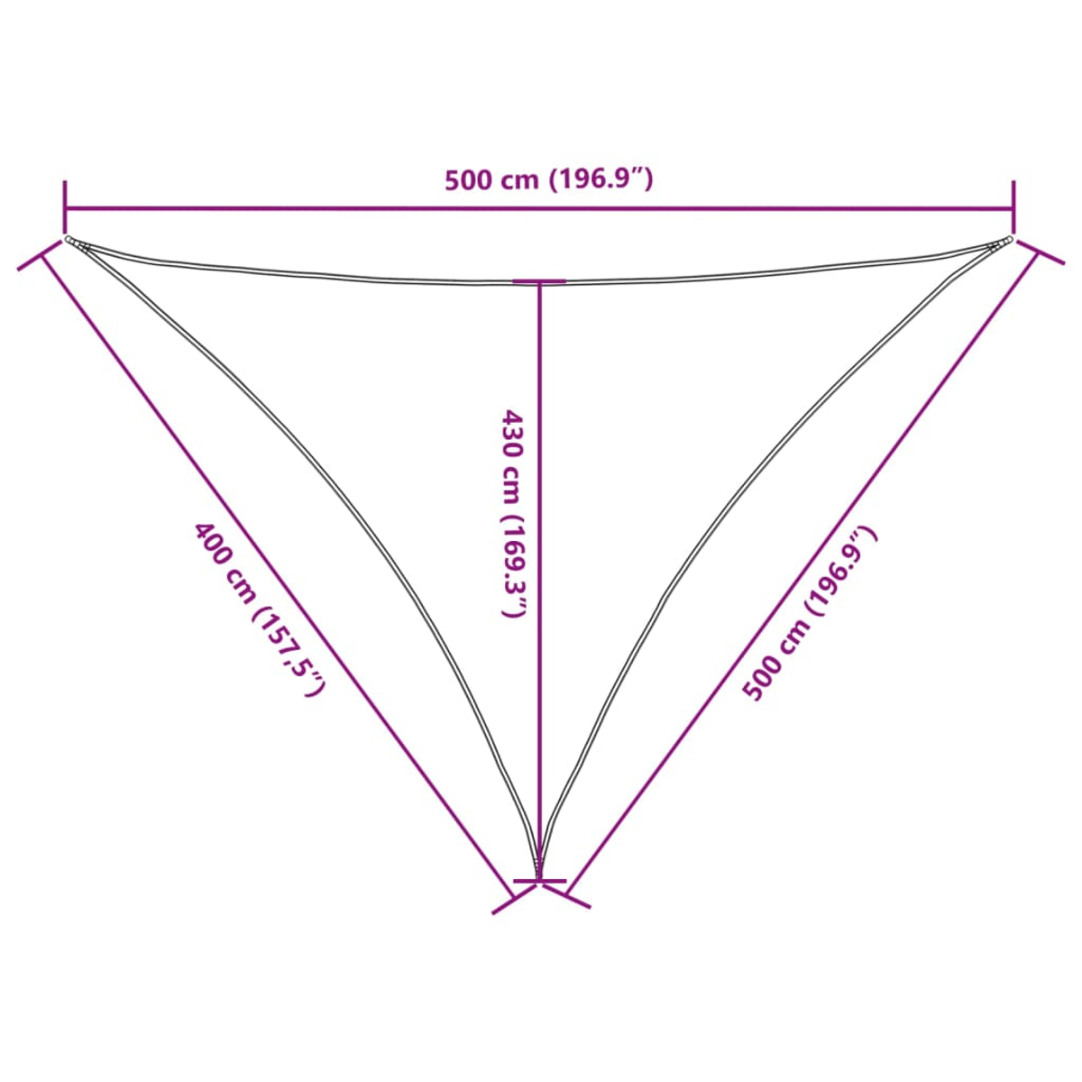 Una vela solare triangolare bianca con dimensioni etichettate in cm e pollici.