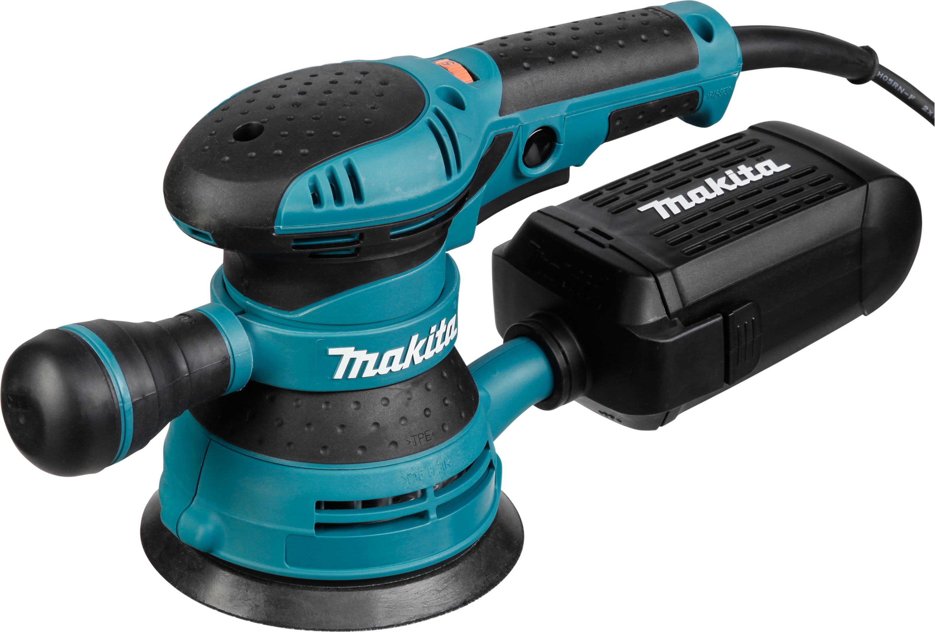 Türkis-schwarzer Makita-Schleifer. Weißer Hintergrund. Schwarzes Netzkabel.