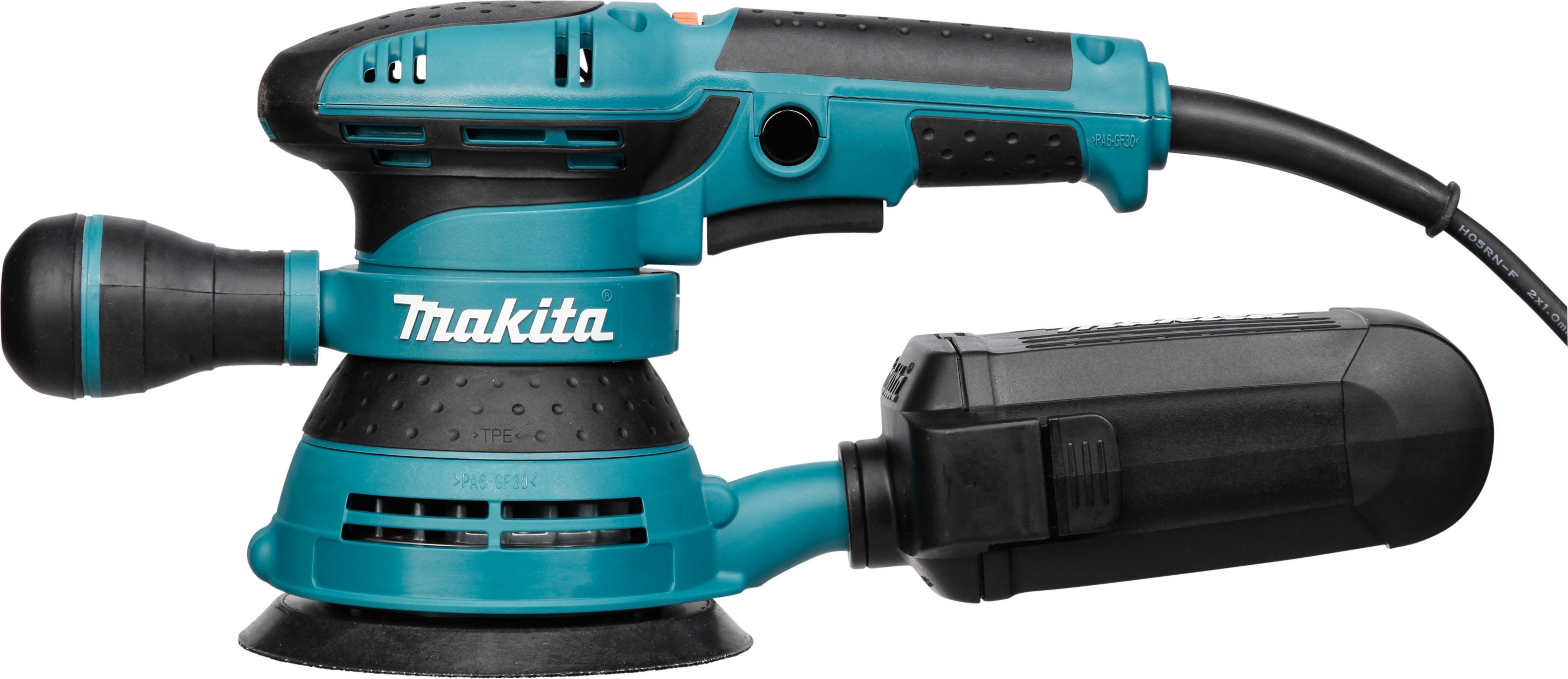 Türkis-schwarzer Makita-Schleifer. Weißer Hintergrund. Schwarzes Netzkabel.