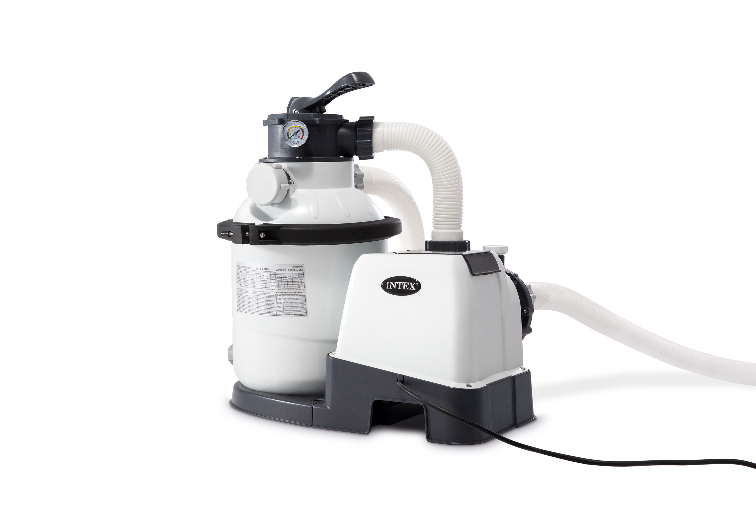 Biało-szara pompa filtru piaskowego Intex, białe tło.