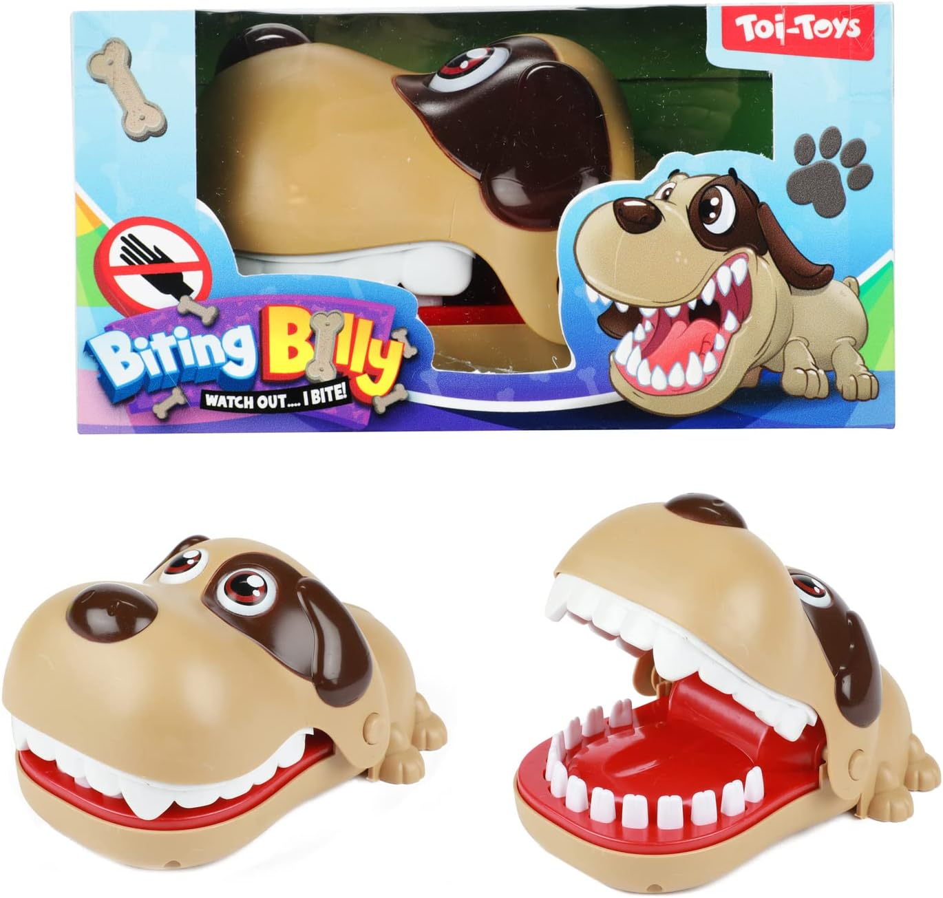 Hundespielzeug, "Biting Billy", hat geöffneten Mund. Verpackung zeigt Hund und Knochen.