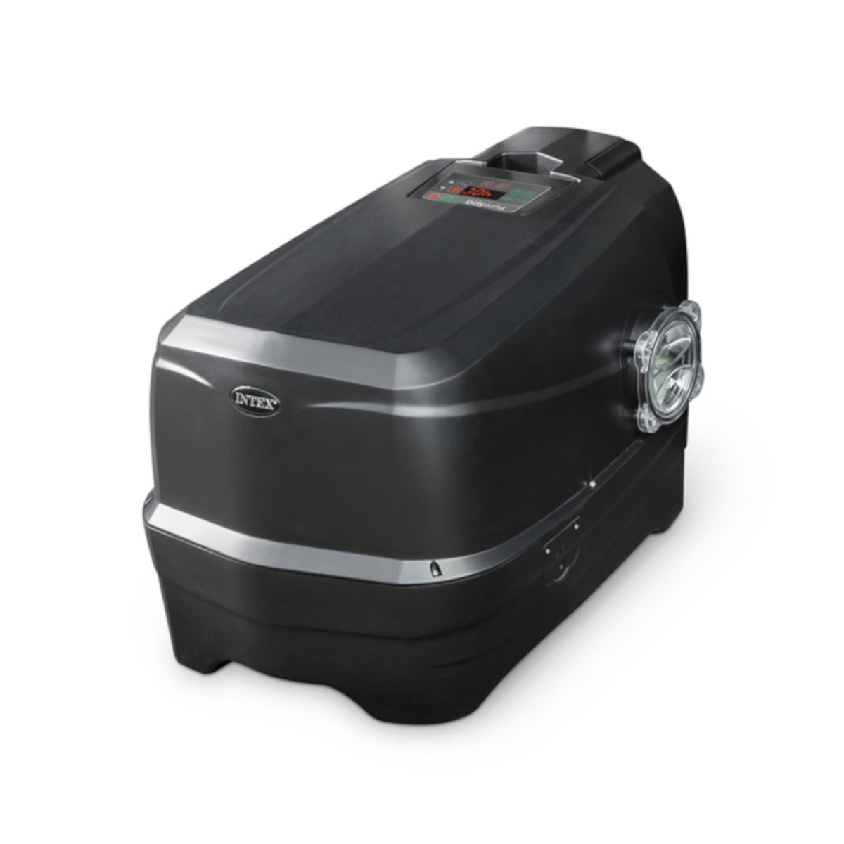 Czarna nagrzewnica do wanny z hydromasażem. To prostokątne urządzenie z wyświetlaczem i wlotem.