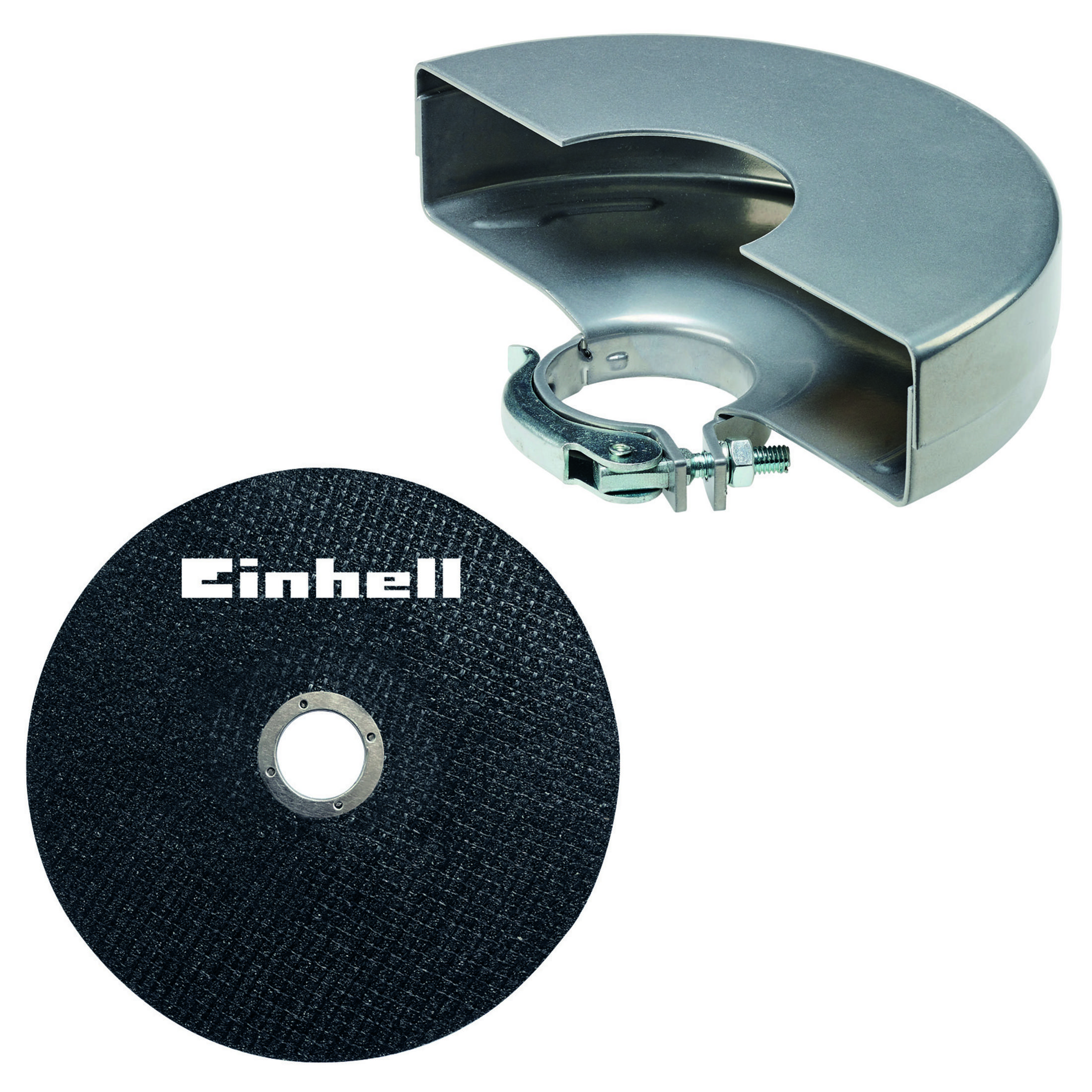 Metall-Schleifscheibenschutz und eine schwarze Schleifscheibe. Einhell-Text ist sichtbar.