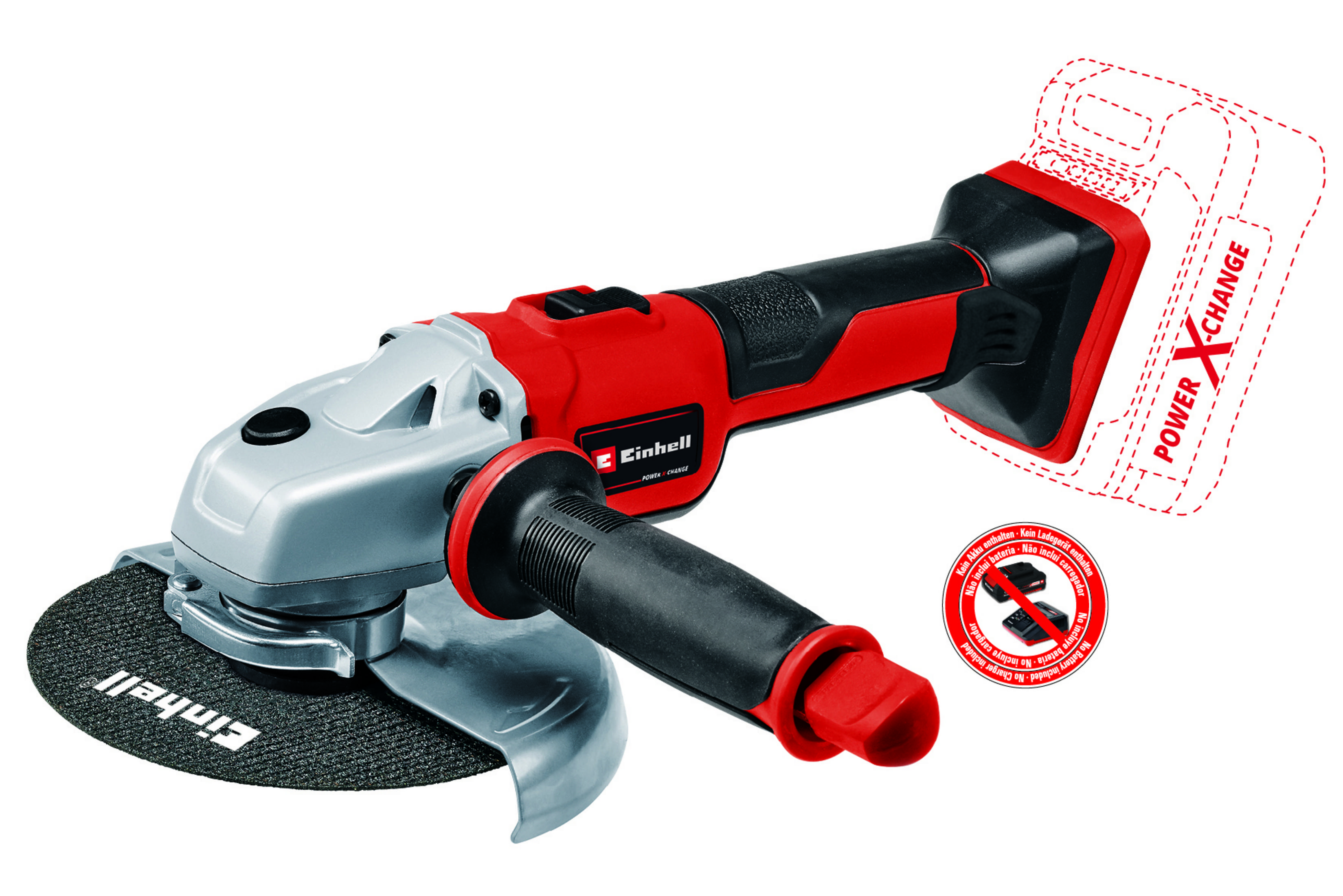 Roter und grauer Akku-Winkelschleifer mit schwarzem Griff und Schleifscheibe. Power X-Change Akku-Grafik.