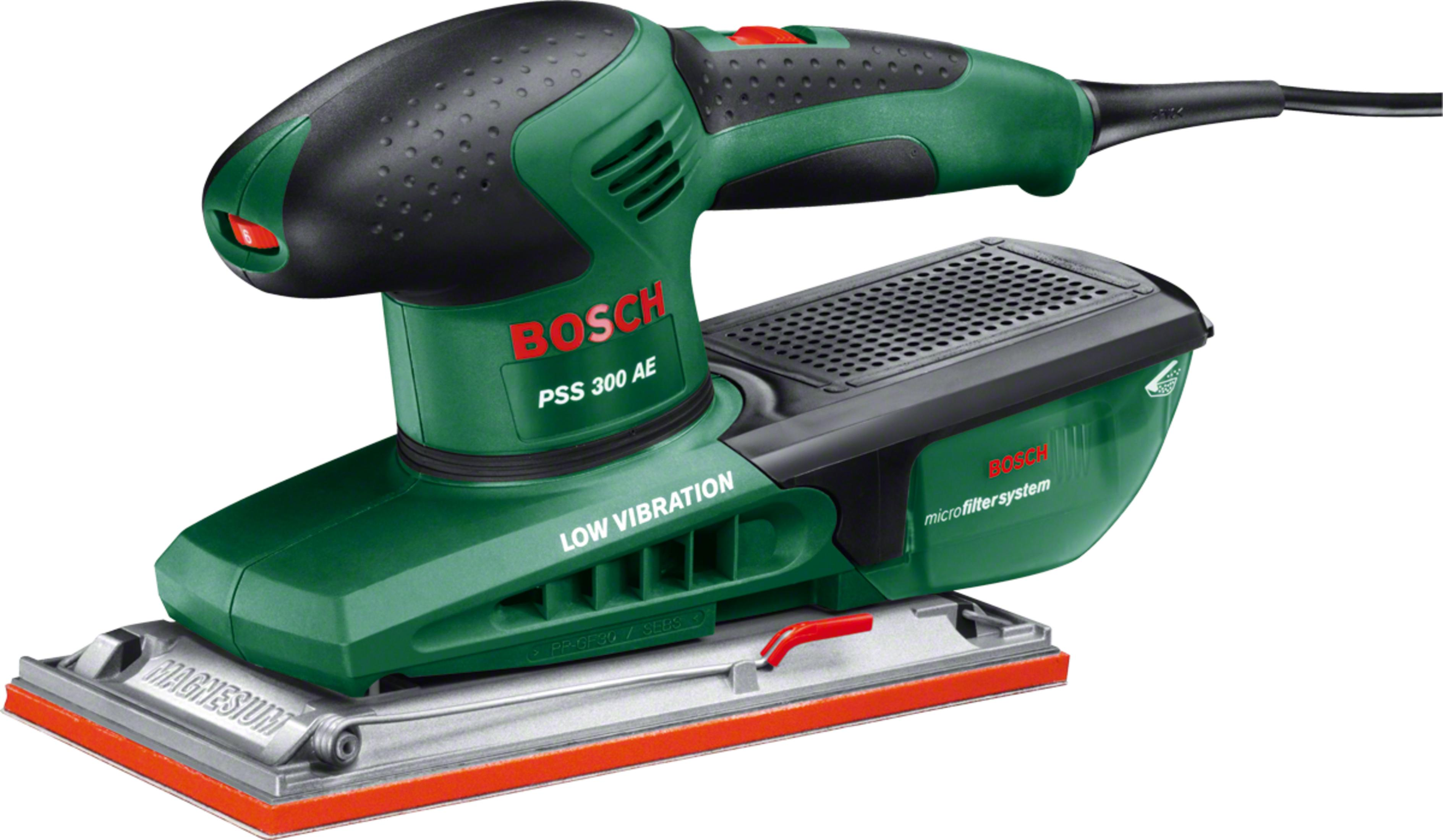 'LOW VIBRATION' yazısı ve Bosch logosu bulunan yeşil ve siyah bir Bosch zımparası.
