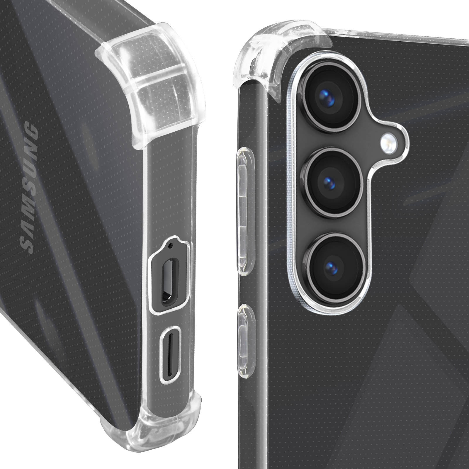 Primo piano di una custodia per telefono Samsung. La plastica trasparente circonda la fotocamera del telefono.