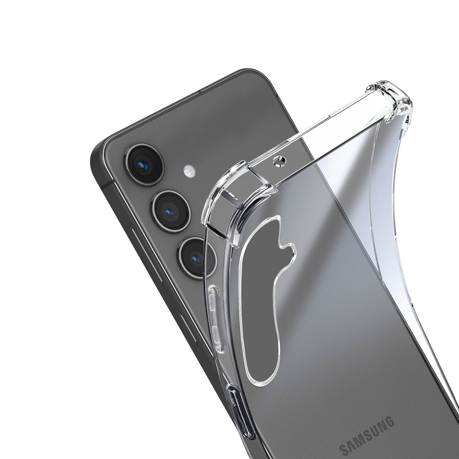 Una custodia trasparente per telefono su uno smartphone grigio.