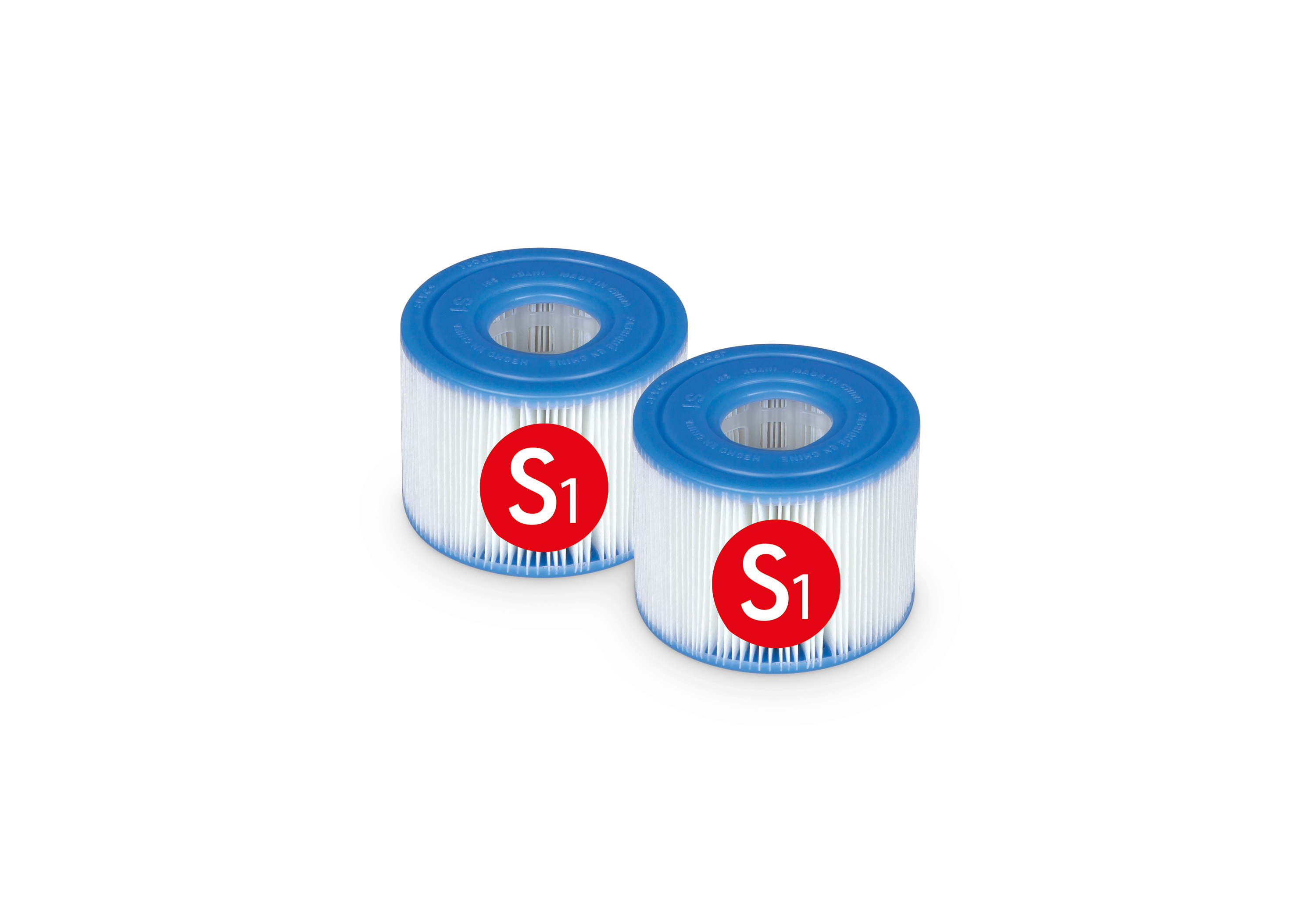 Zwei zylindrische Poolfilter mit roten 'S1'-Etiketten auf schwarzem Hintergrund.