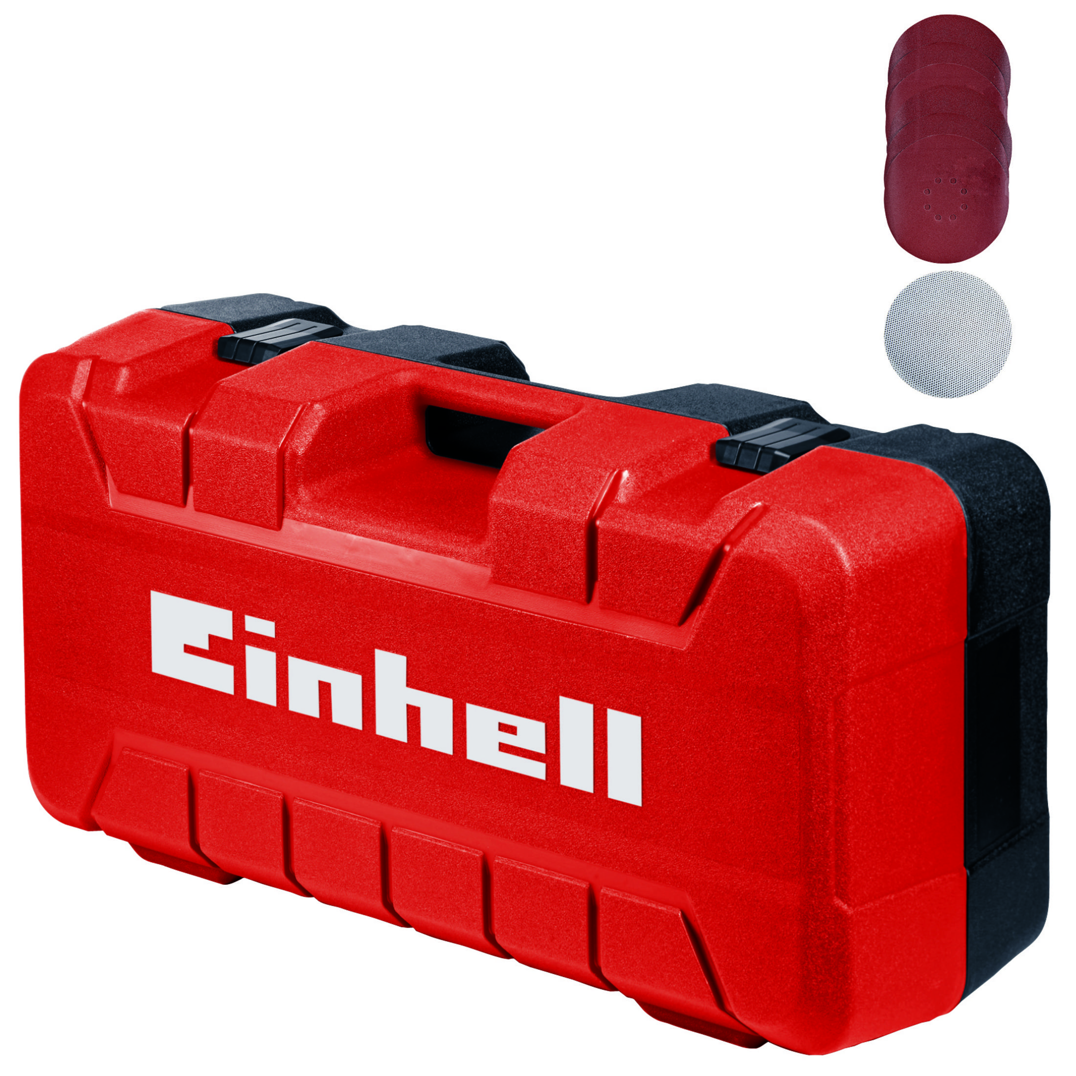 Rote Einhell Werkzeugbox mit schwarzem Griff und Verschlüssen. Schleifscheiben rechts.