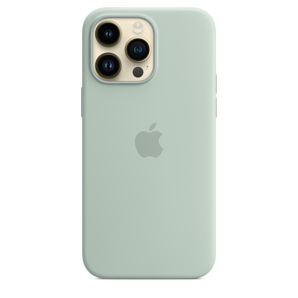 Eine hellgrüne Handyhülle. Die Rückseite hat drei Kameralinsen und ein Apple-Logo.