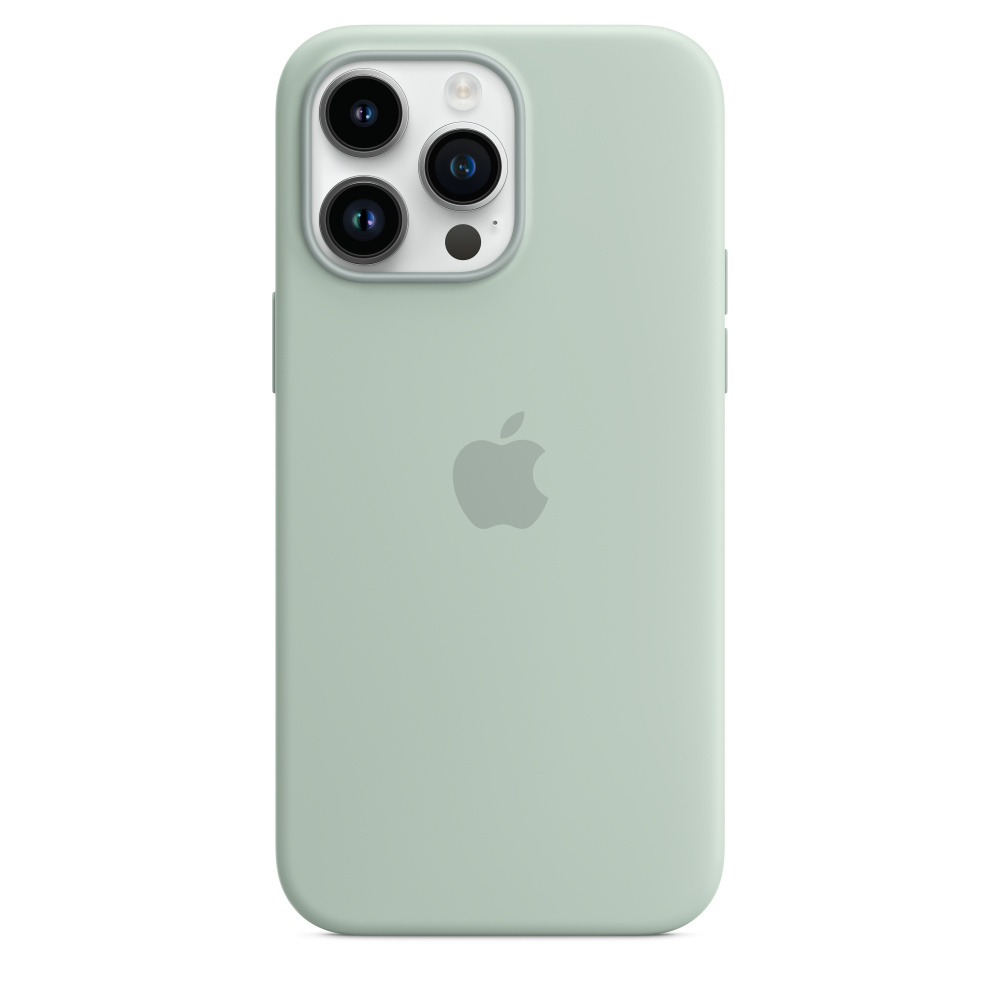 Eine hellgrüne Handyhülle. Die Rückseite hat drei Kameralinsen und ein Apple-Logo.