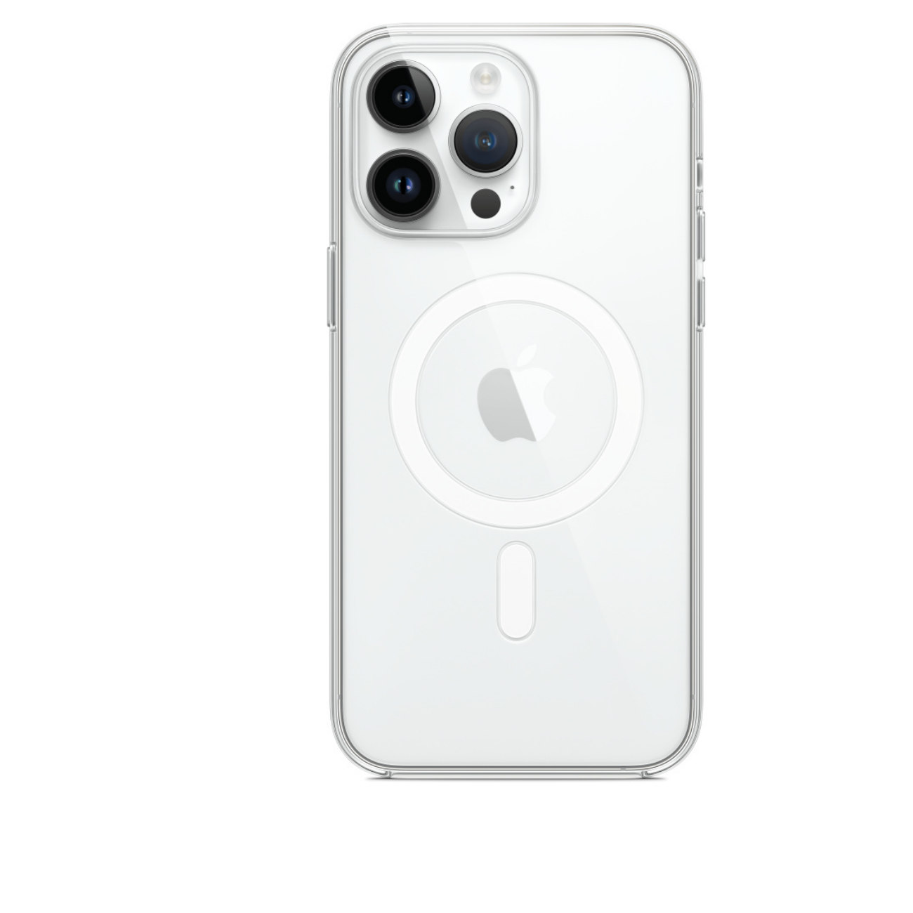 Een transparante telefoonhoes. De achterkant heeft drie cameralenzen en een Apple-logo.