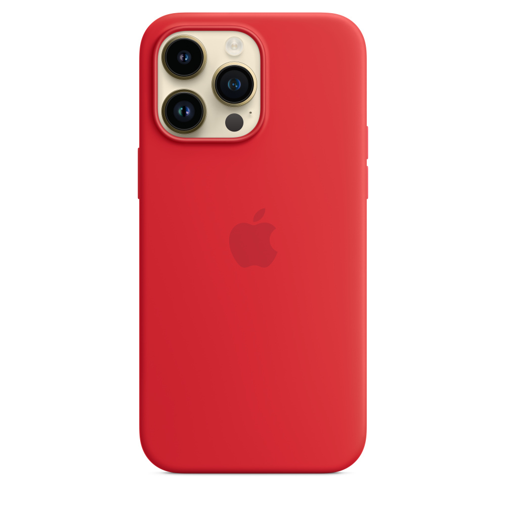 Un iPhone rouge avec une bosse de caméra. Le dos a un logo Apple.