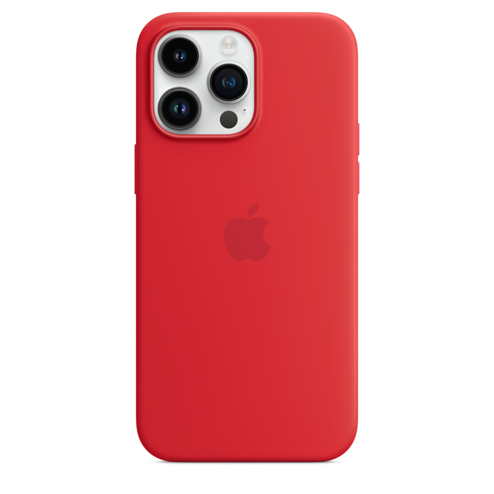 Coque rouge pour iPhone, vue arrière, montrant les lentilles de l'appareil photo et le logo Apple.