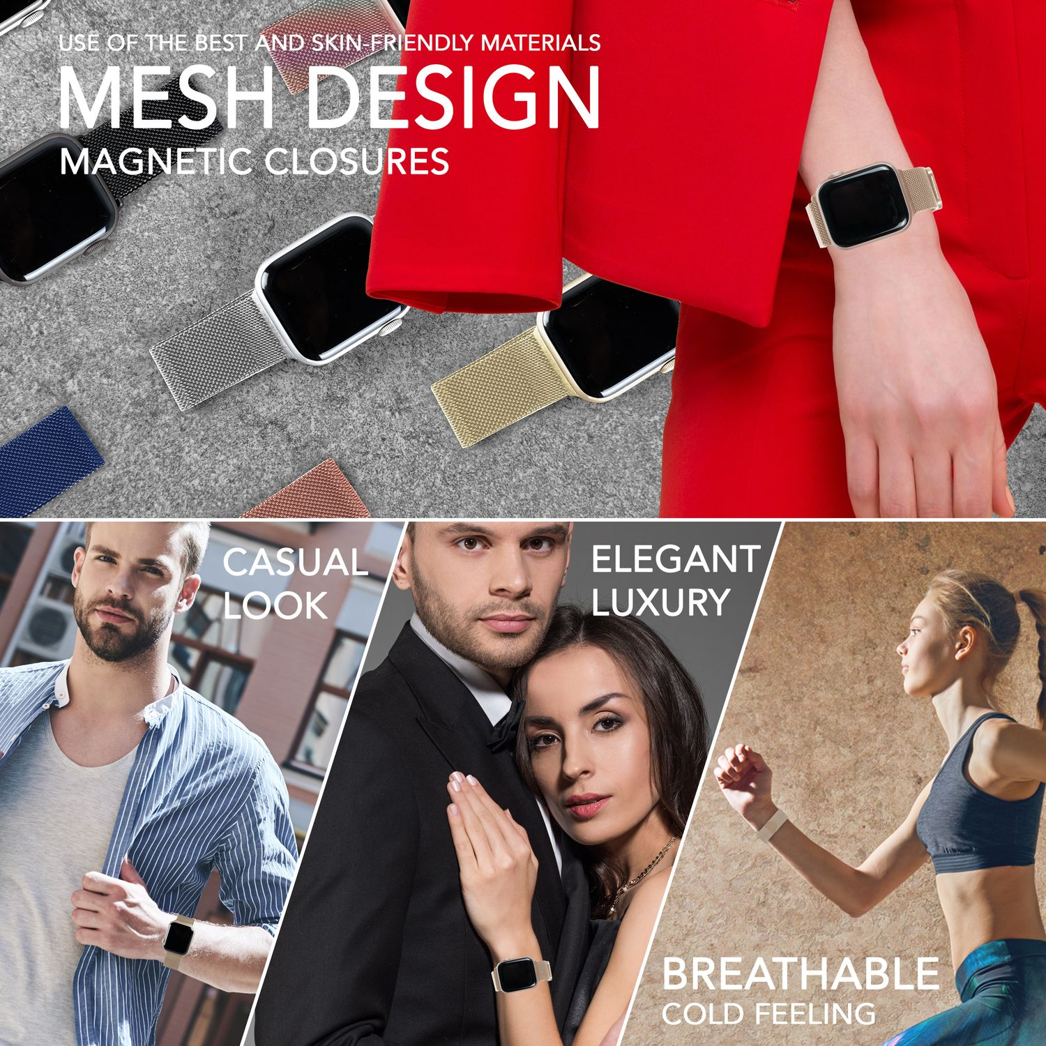 Eine Collage zeigt Armbänder und Menschen. Es gibt Männer und Frauen, die Smartwatches tragen.