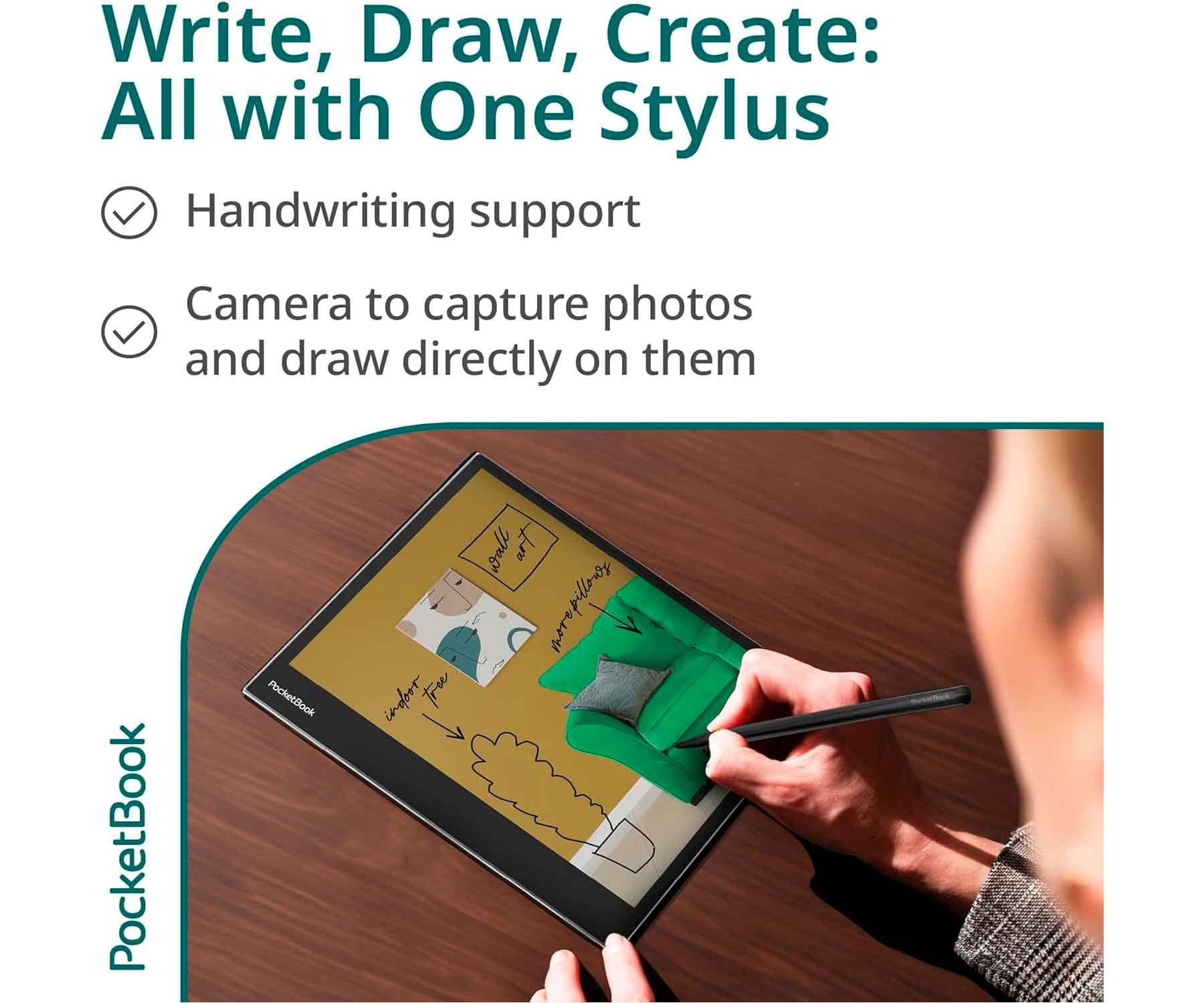 Osoba rysująca na tablecie rysikiem. Ekran pokazuje ilustrację salonu.