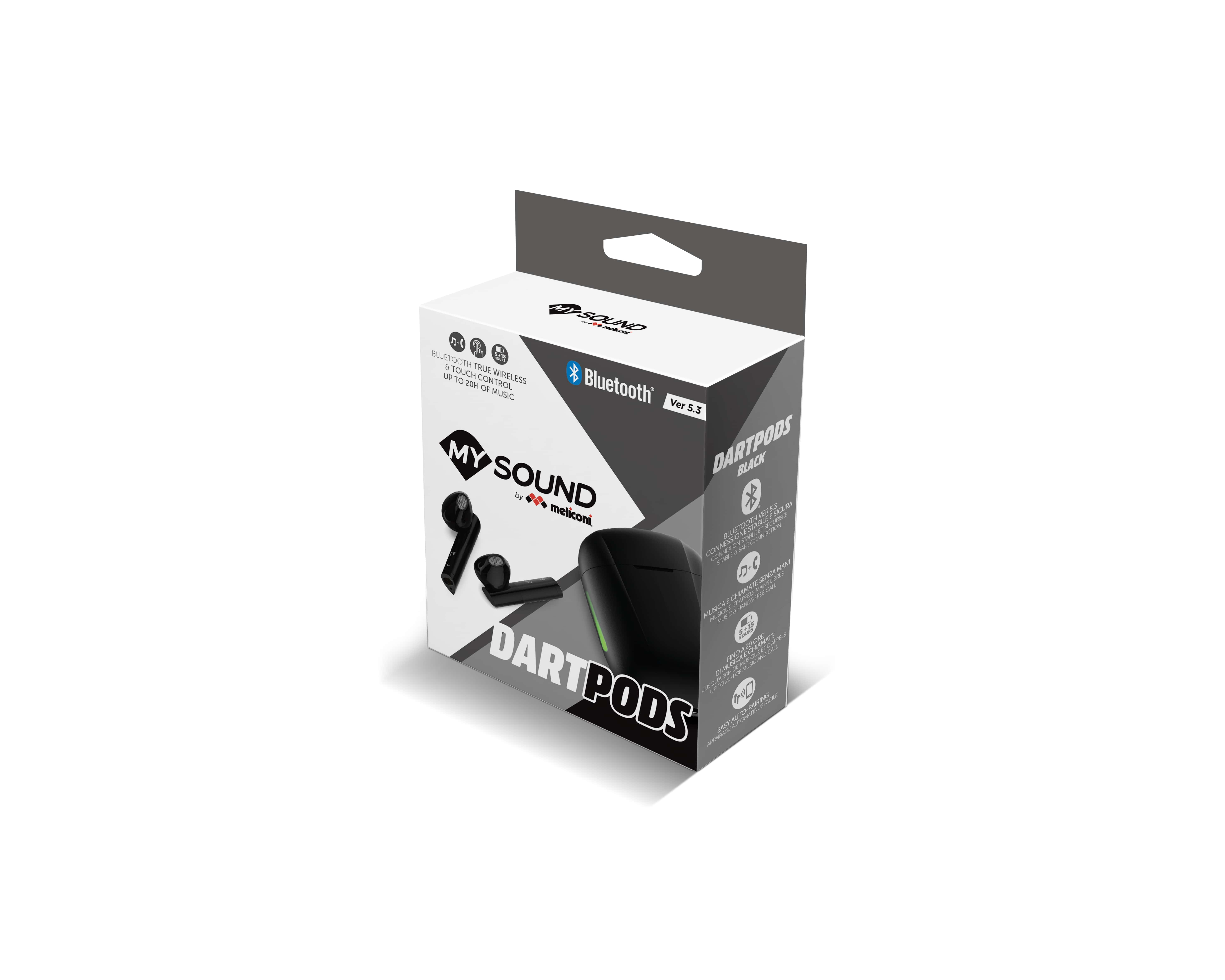 Schwarze My Sound DARTPODS Box mit Ohrhörern, Bluetooth-Logo und Produktdetails.