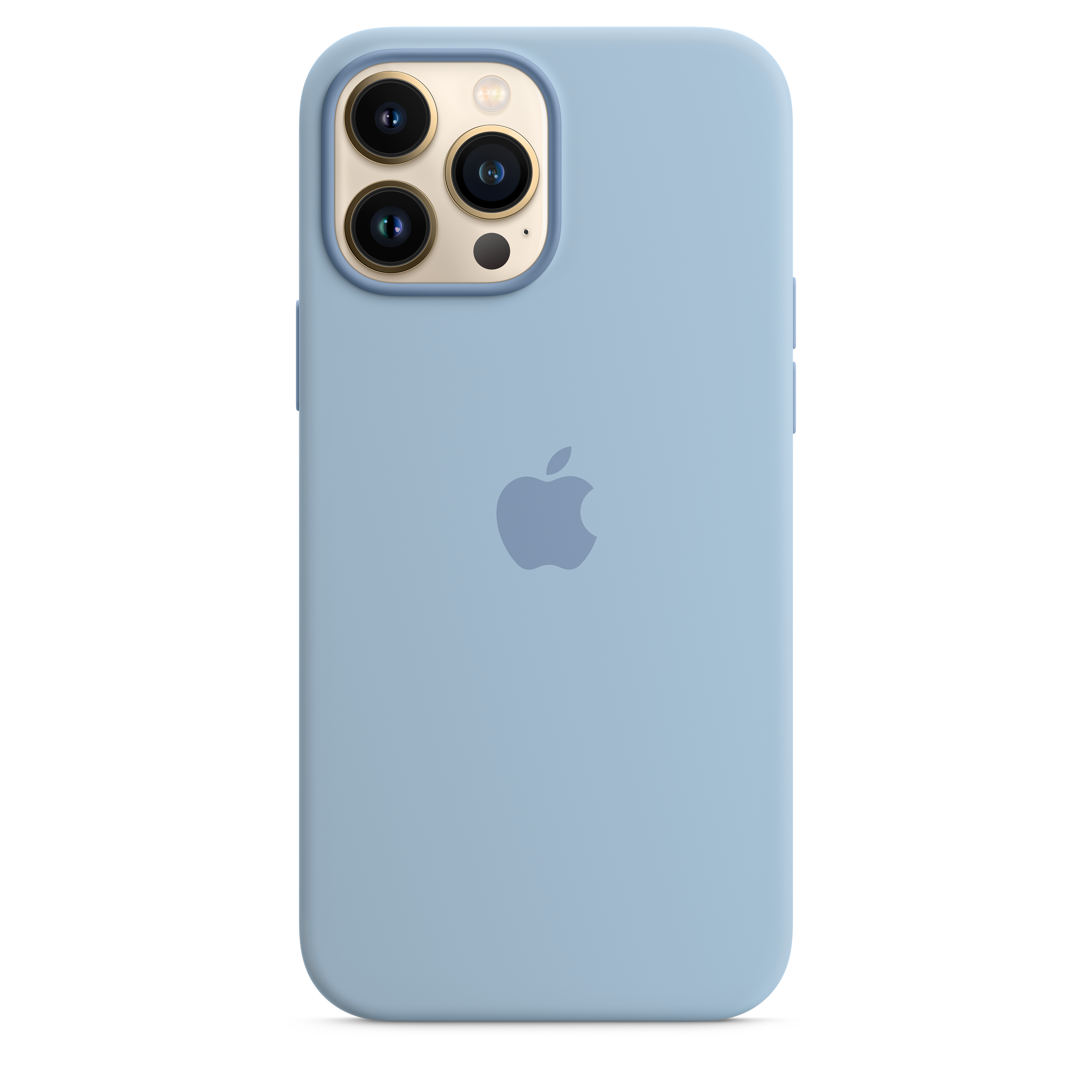 A blue iPhone case with camera module and the Apple logo.
