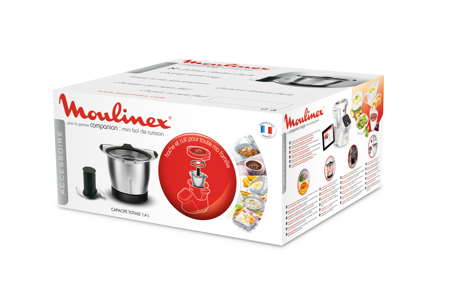 Scatola del robot da cucina Moulinex Companion. La scatola mostra il prodotto e i suoi accessori.