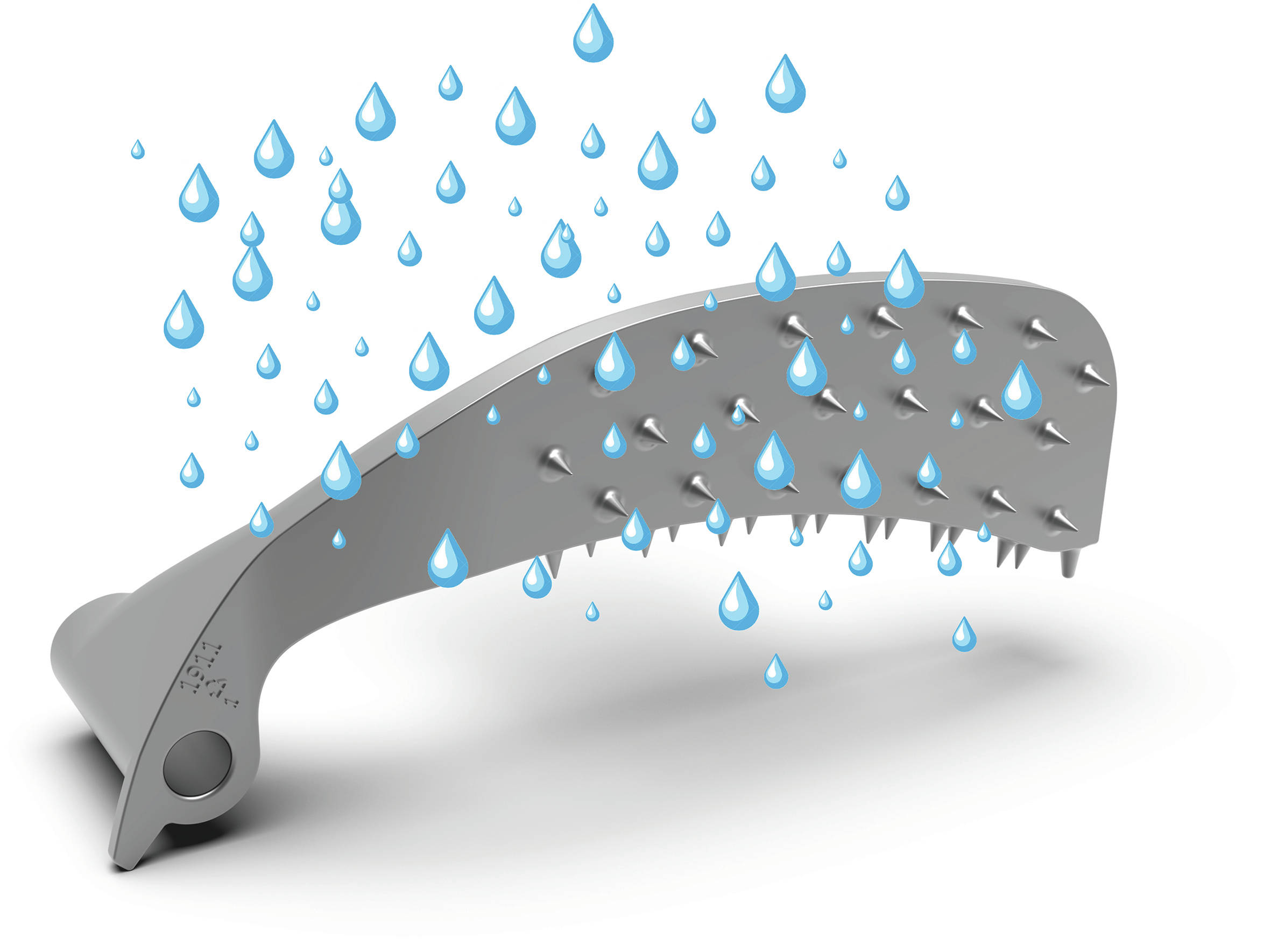 Szara głowica prysznicowa z kroplami wody. Ma kolce na spodzie.