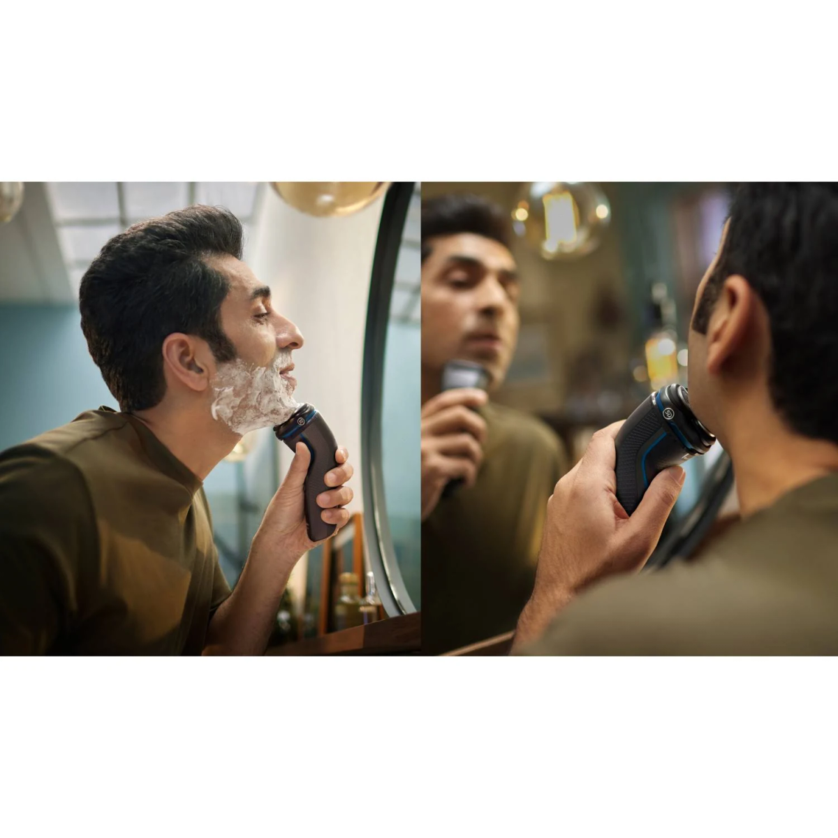 Mężczyzna goli twarz golarką elektryczną, widoczną w lustrze, pokazując podwójną perspektywę.