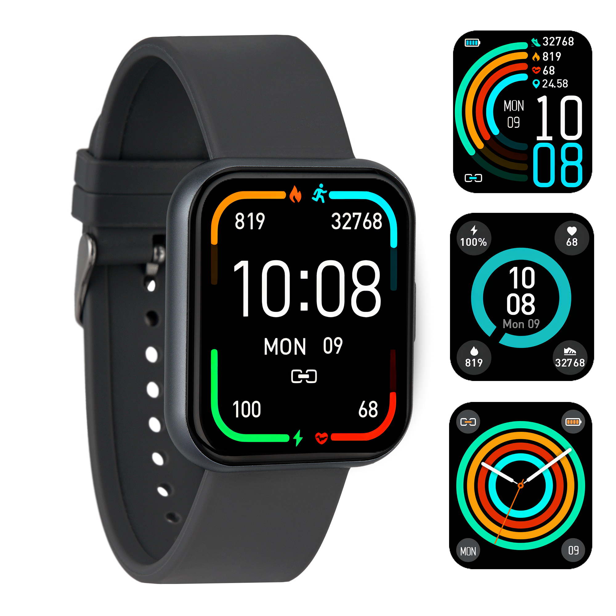 Smartwatch mit mehreren Anzeigeoptionen, die Zeit, Schritte, Herzfrequenz und Akkulaufzeit anzeigen. Weißer Hintergrund.